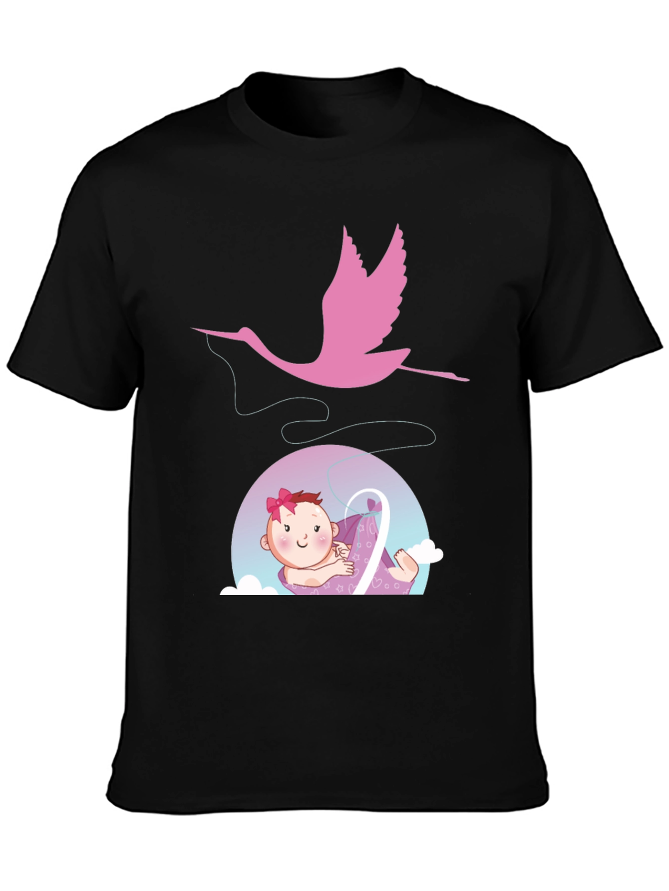 Black Cute Stork Delivering Baby T-Shirt - Black view 3