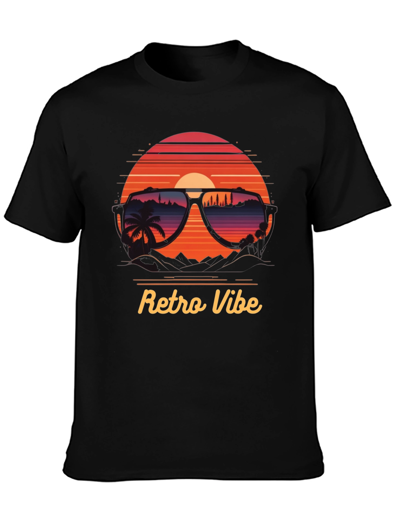 Black Retro Vibe T-Shirt - Sunglasses Sunset Design view 3