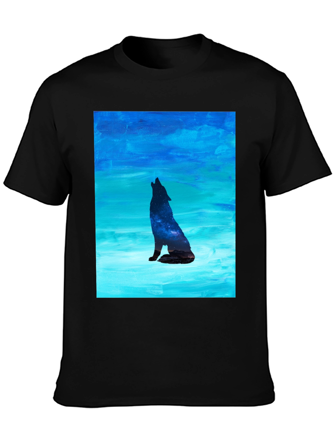 Black Howling Wolf Galaxy Print Black T-Shirt view 3