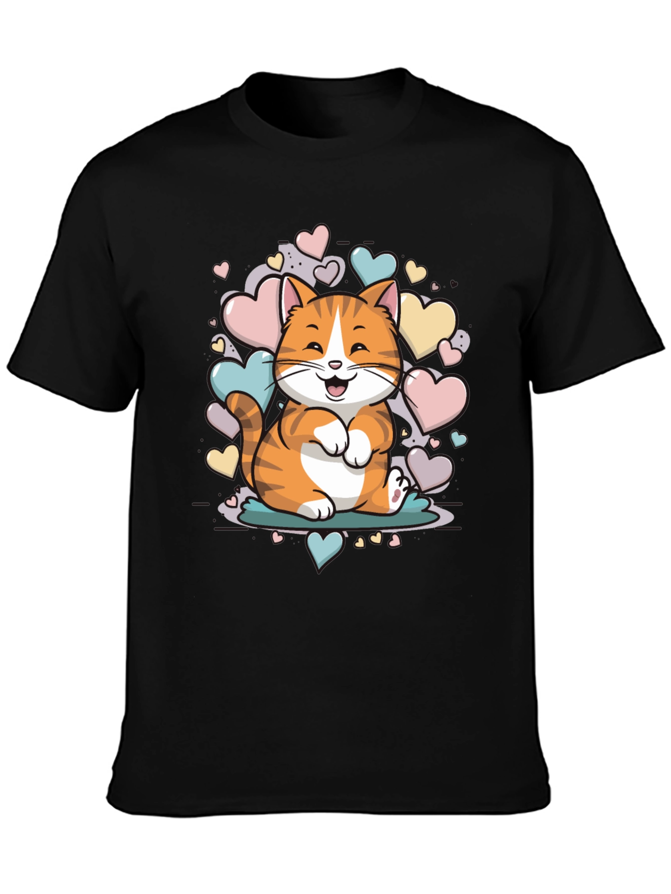 Black Cute Cat with Hearts Graphic Tee - Unisex Black T-Shirt view 3