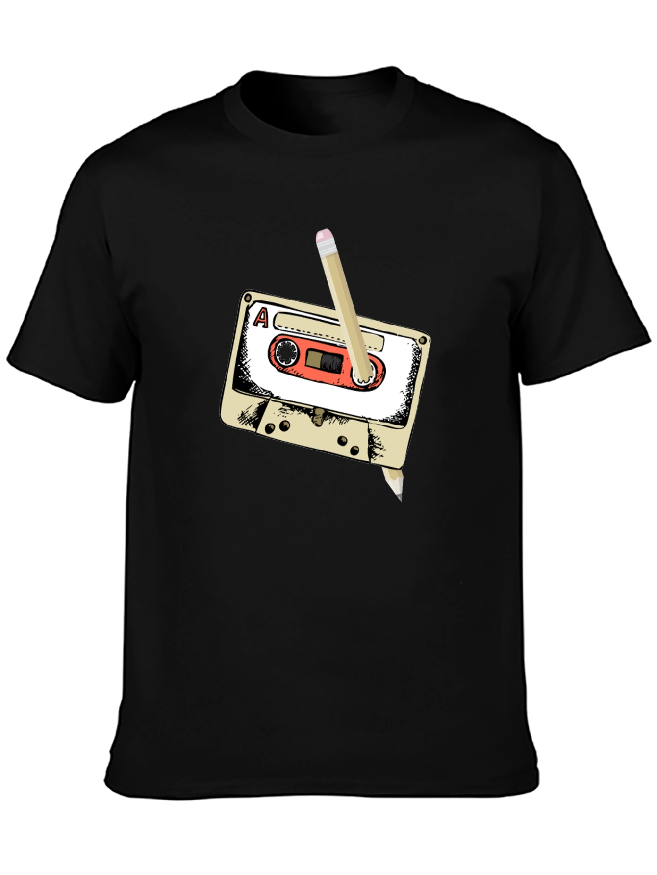 Black Retro Cassette Tape & Pencil T-Shirt view 3