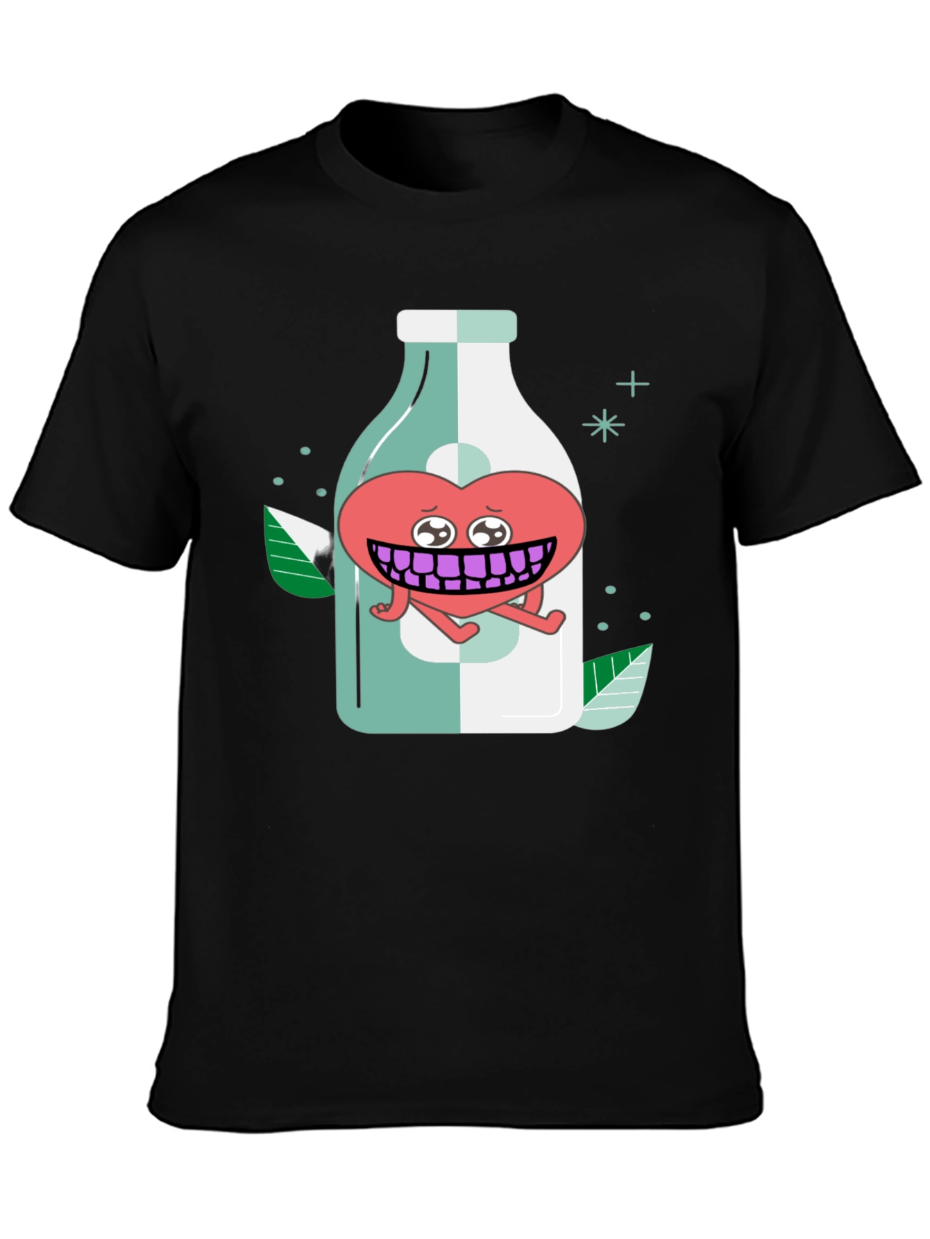 Black Cartoon Heart in a Bottle Black T-Shirt view 3