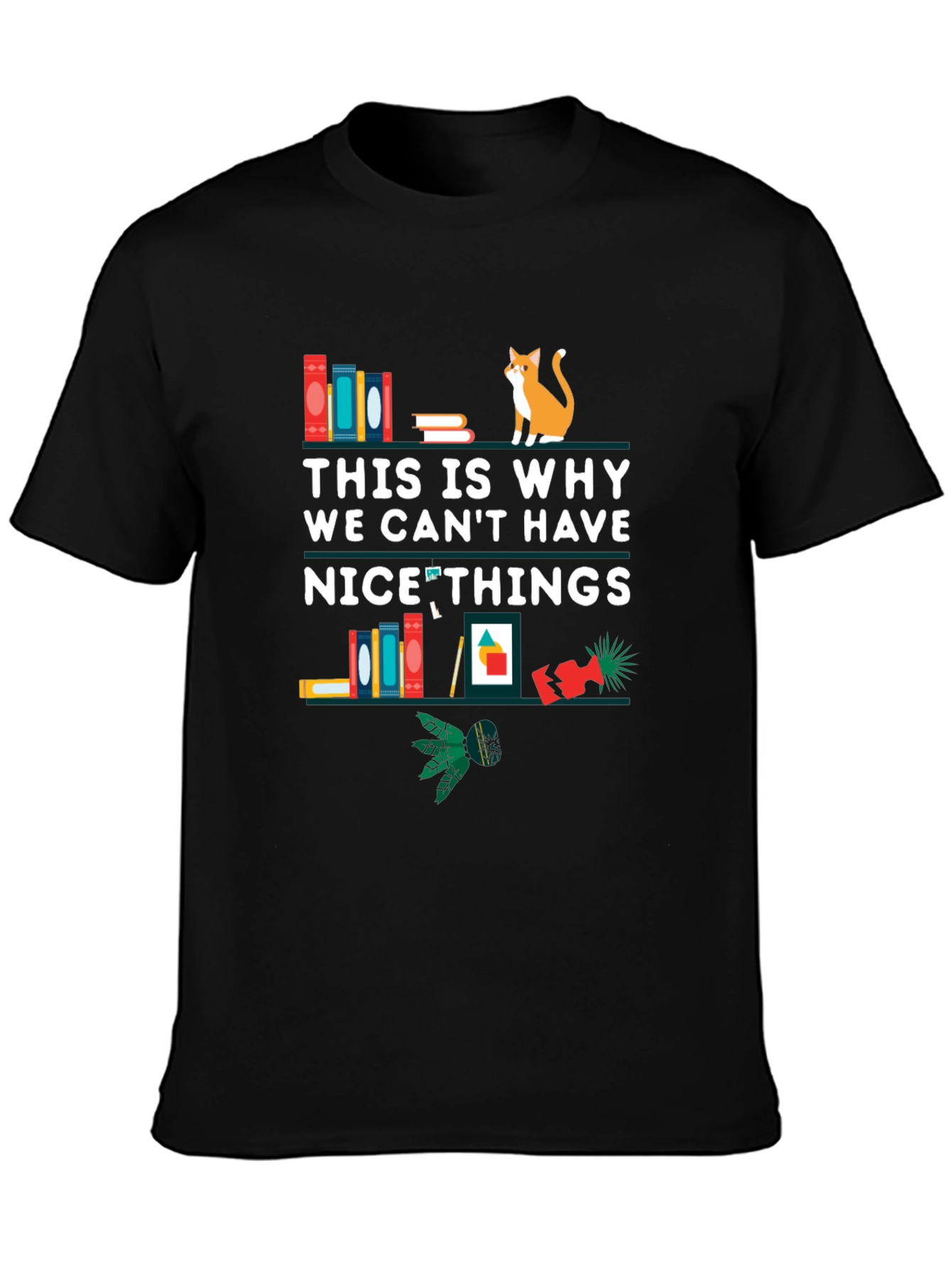 Black Funny Cat & Books Graphic T-Shirt view 3