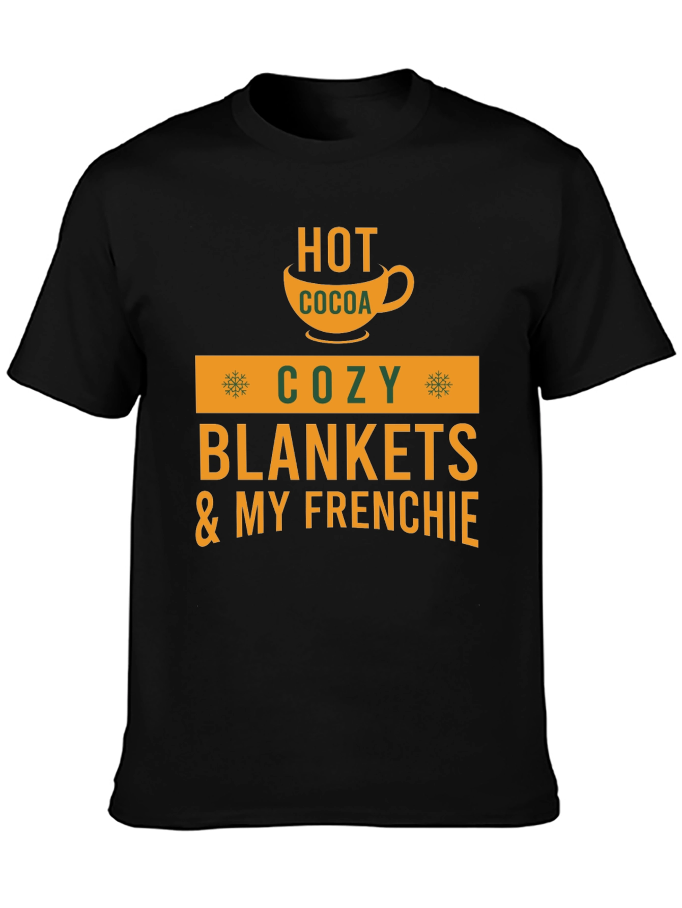 Black Cozy Season T-Shirt: Hot Cocoa & Frenchie view 3