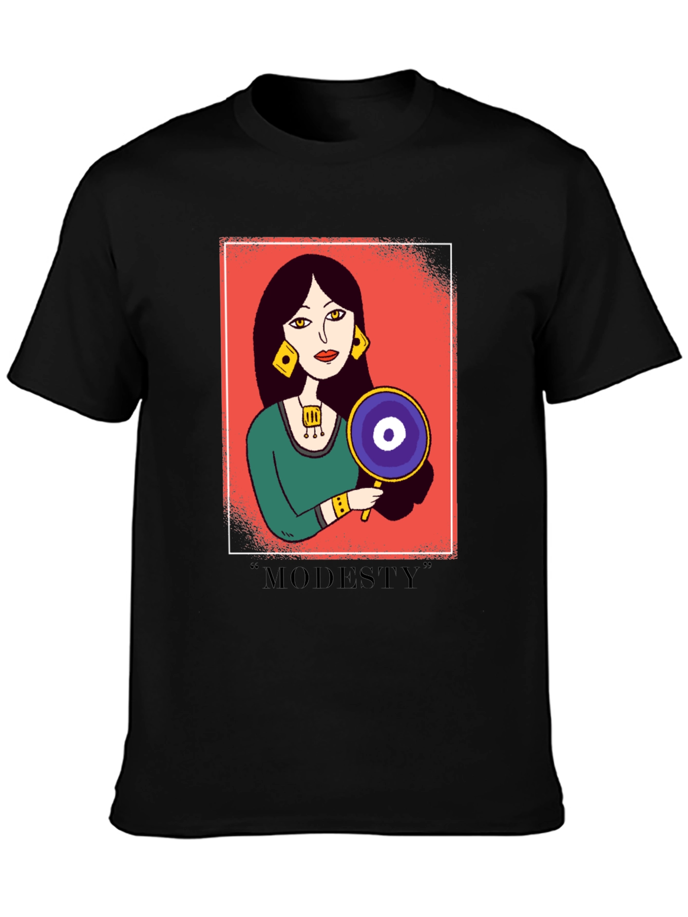 Black Graphic T-Shirt with "Modesty" Design view 3