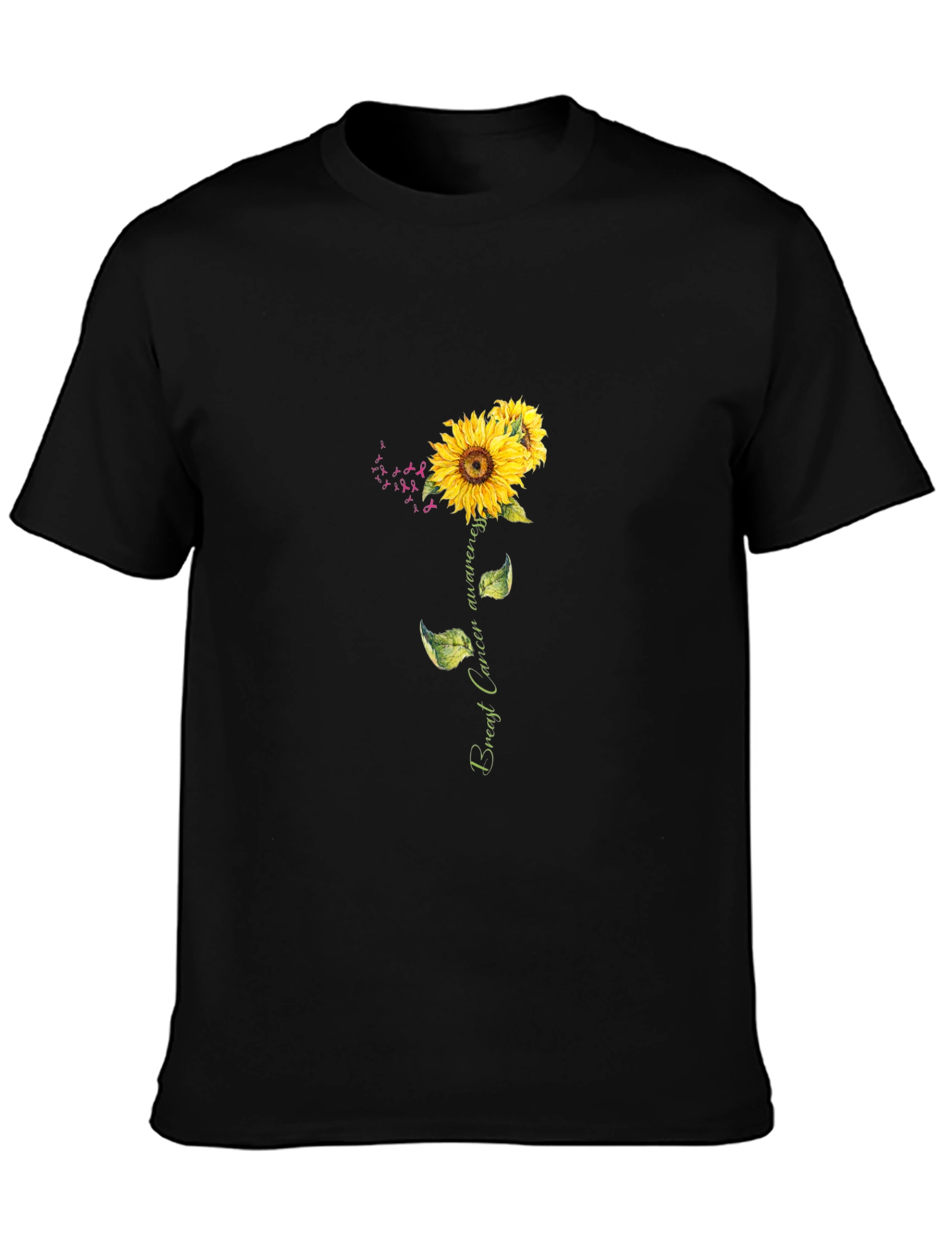 Black Sunflower Breast Cancer Awareness Black T-Shirt view 3