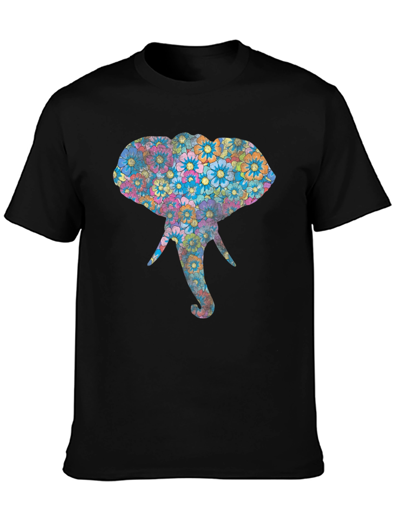 Black Floral Elephant Graphic Print Black T-Shirt view 3
