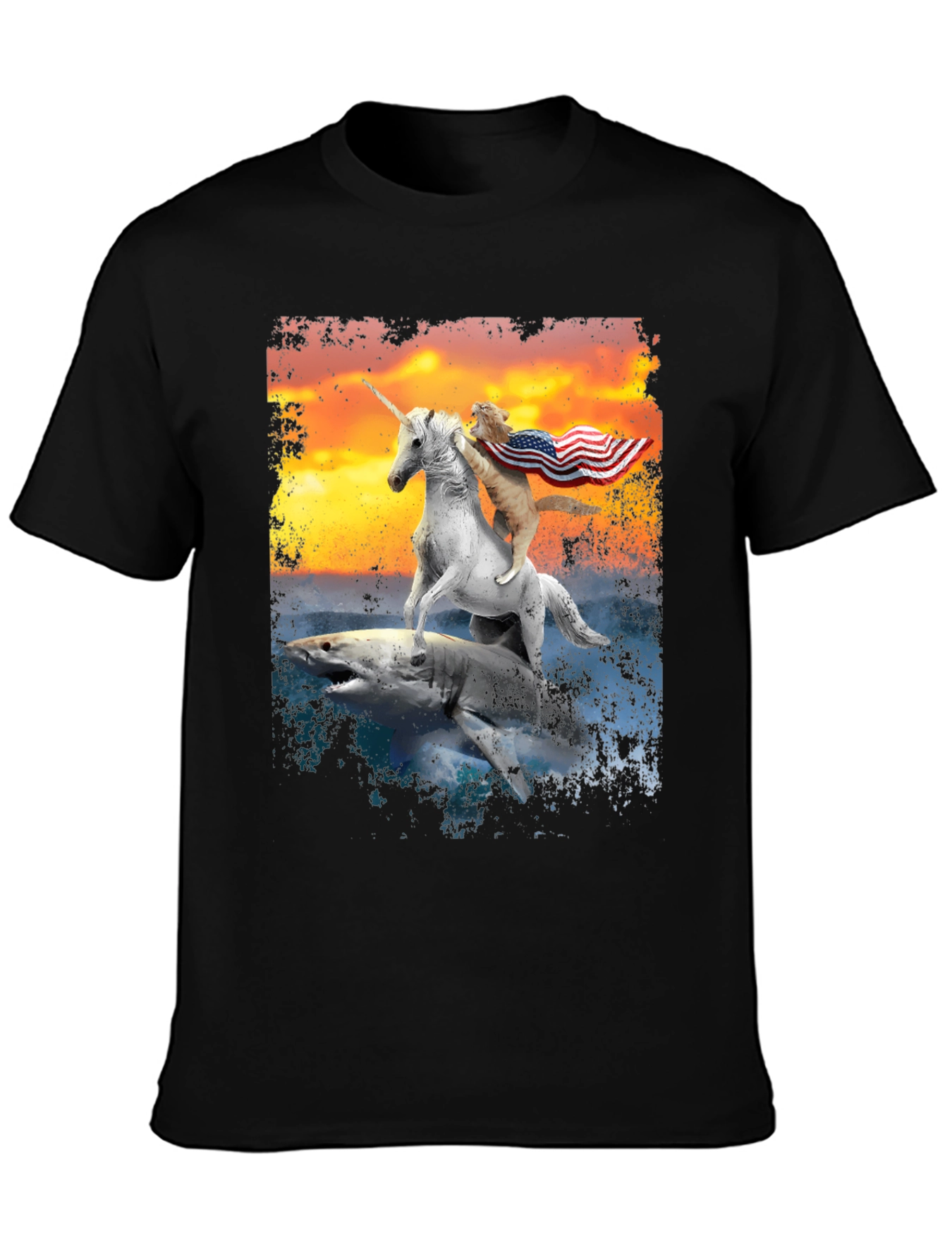 Black Cat Riding Unicorn on Shark T-Shirt view 3