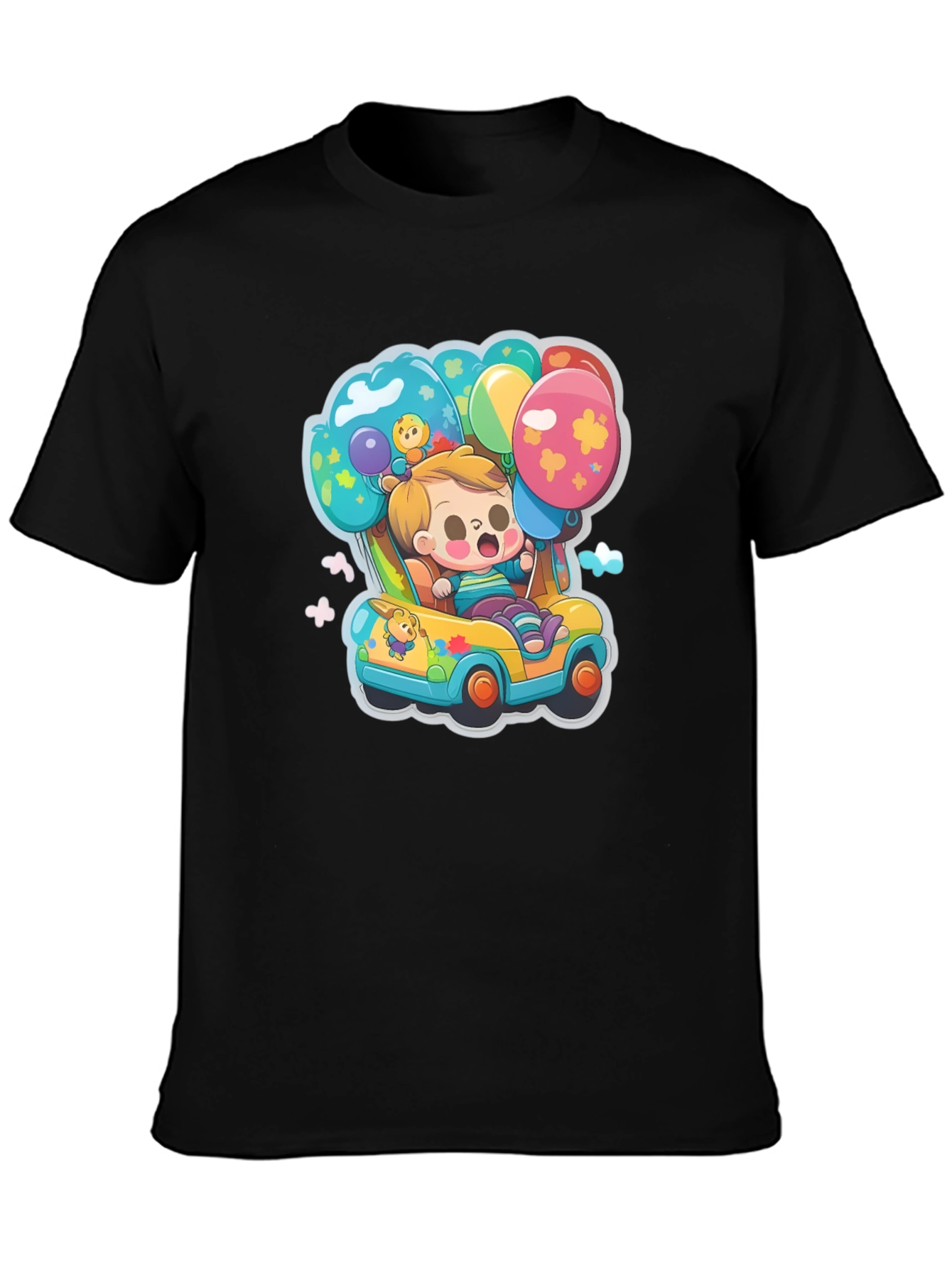 Black Cartoon Car & Balloons Graphic T-Shirt view 3