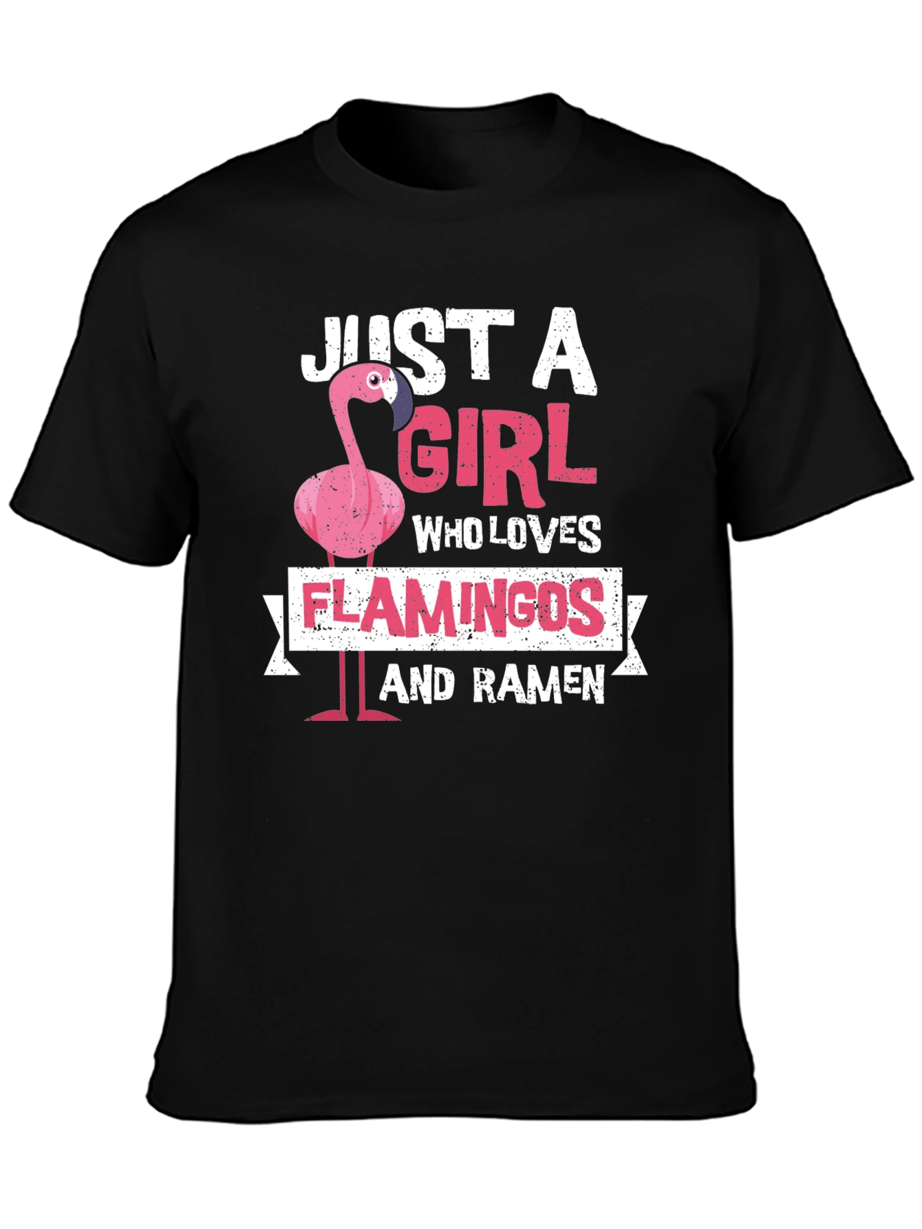 Black Just A Girl Who Loves Flamingos and Ramen T-Shirt view 3