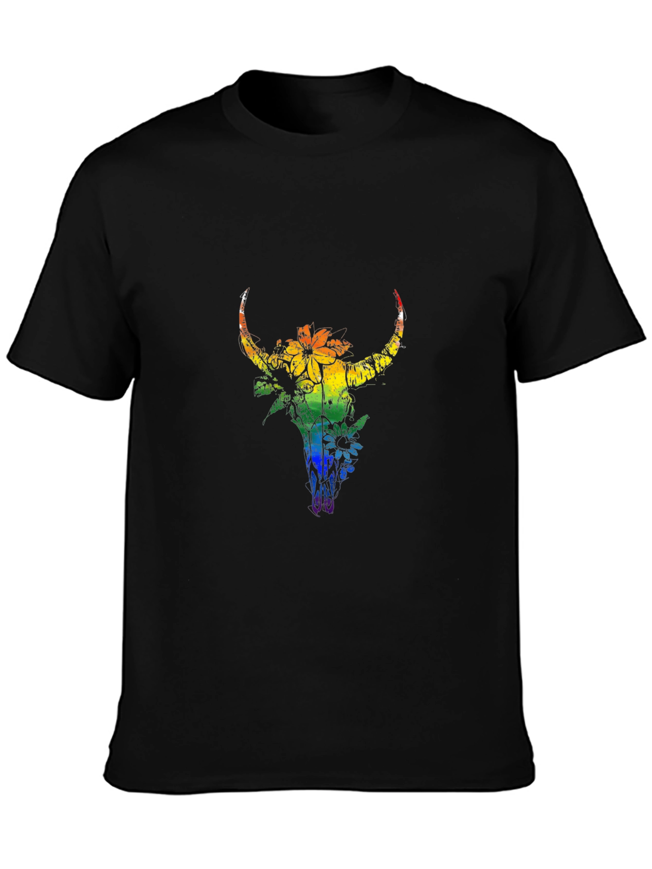 Black Rainbow Bull Skull Graphic Tee - Black Cotton Blend view 3