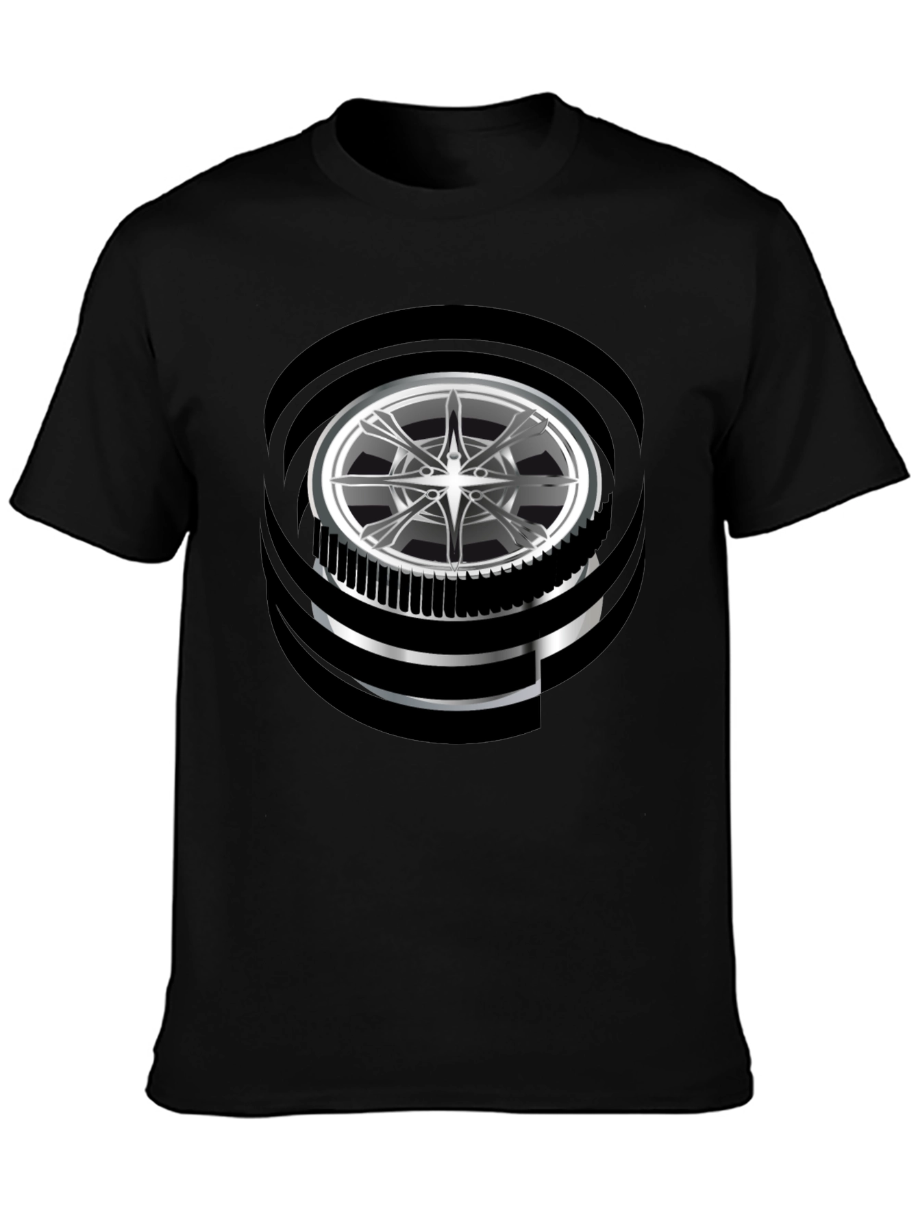Black Modern Graphic Wheel Design Black T-Shirt view 3