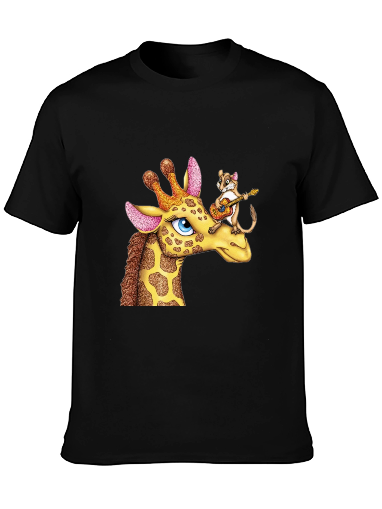 Black Giraffe & Squirrel Cartoon Graphic Black T-Shirt view 3