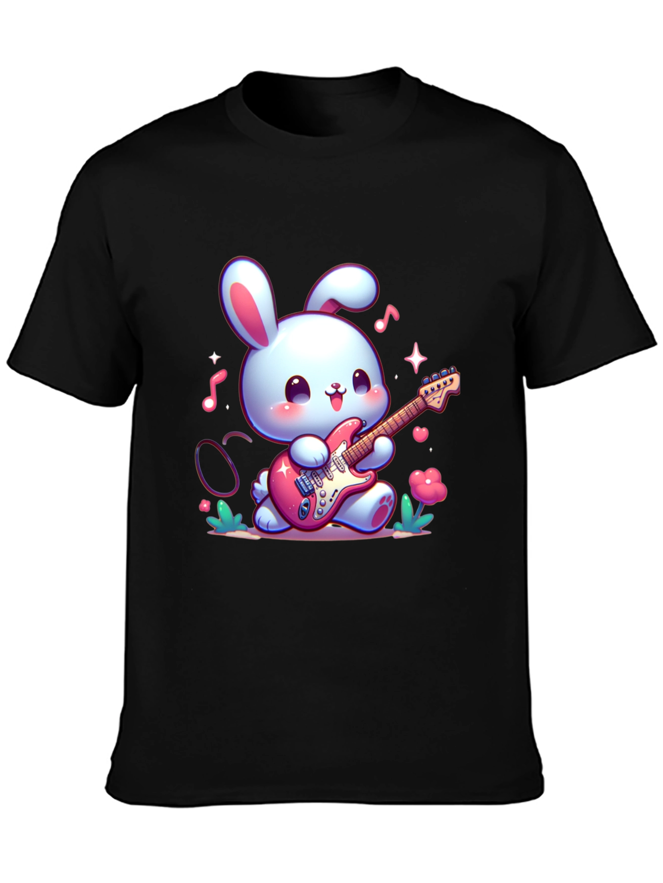 Black Cute Bunny Guitarist Black T-Shirt view 3