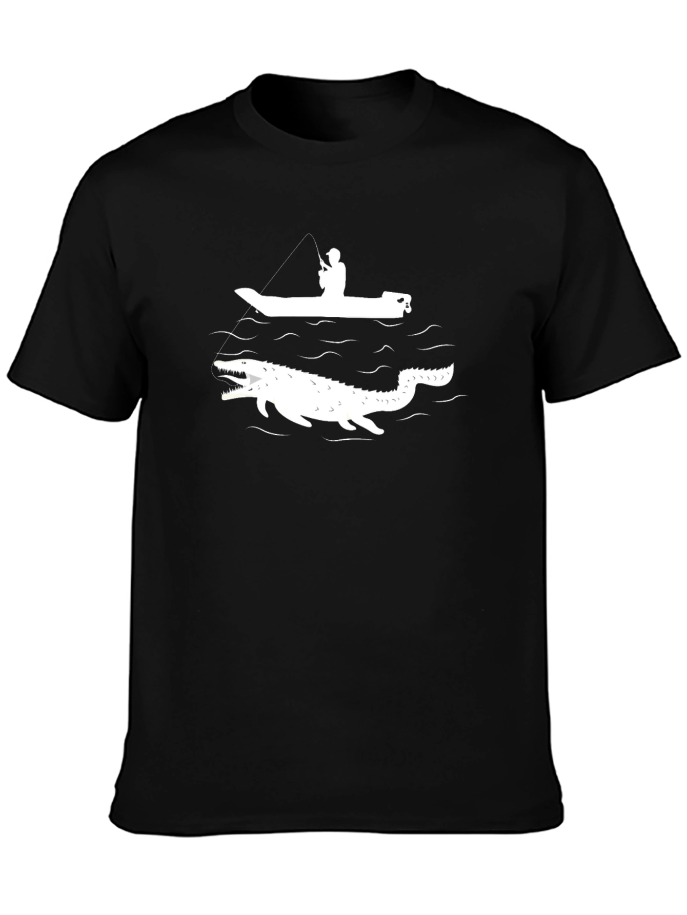 Black Black T-Shirt: Fisherman vs. Sea Monster Graphic Tee view 3