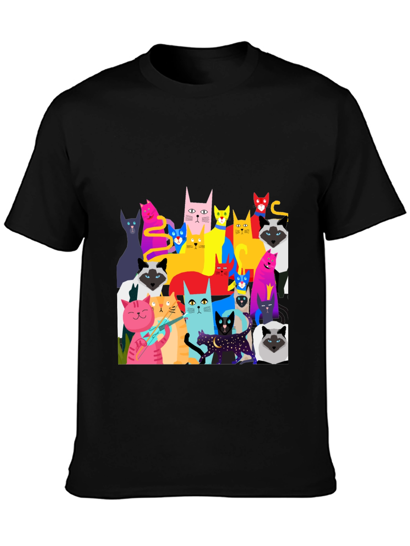 Black Colorful Cat Graphic Tee - Unique Fun Design view 3