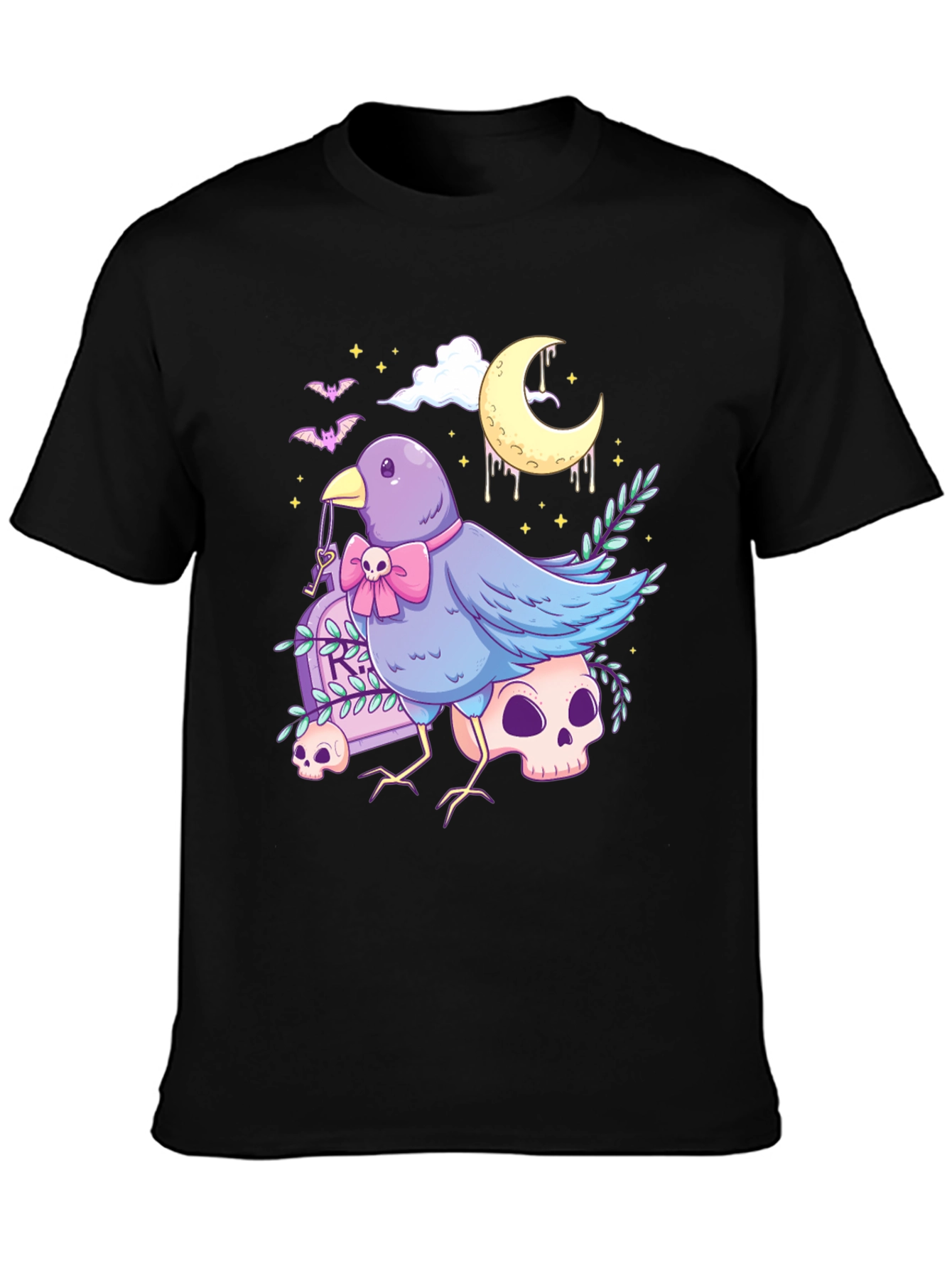 Black Gothic Bird Graphic Tee - Skull & Moon Design view 3