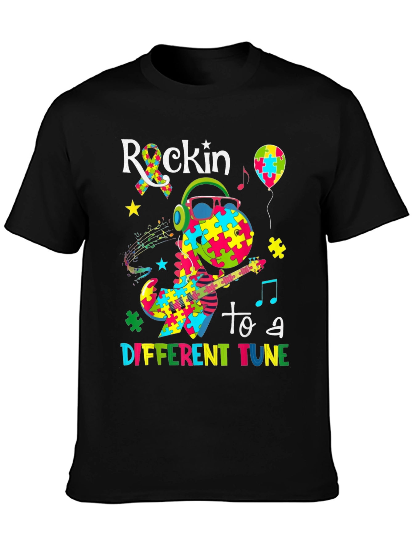 Black Rockin' to a Different Tune Autism Awareness T-Shirt view 3