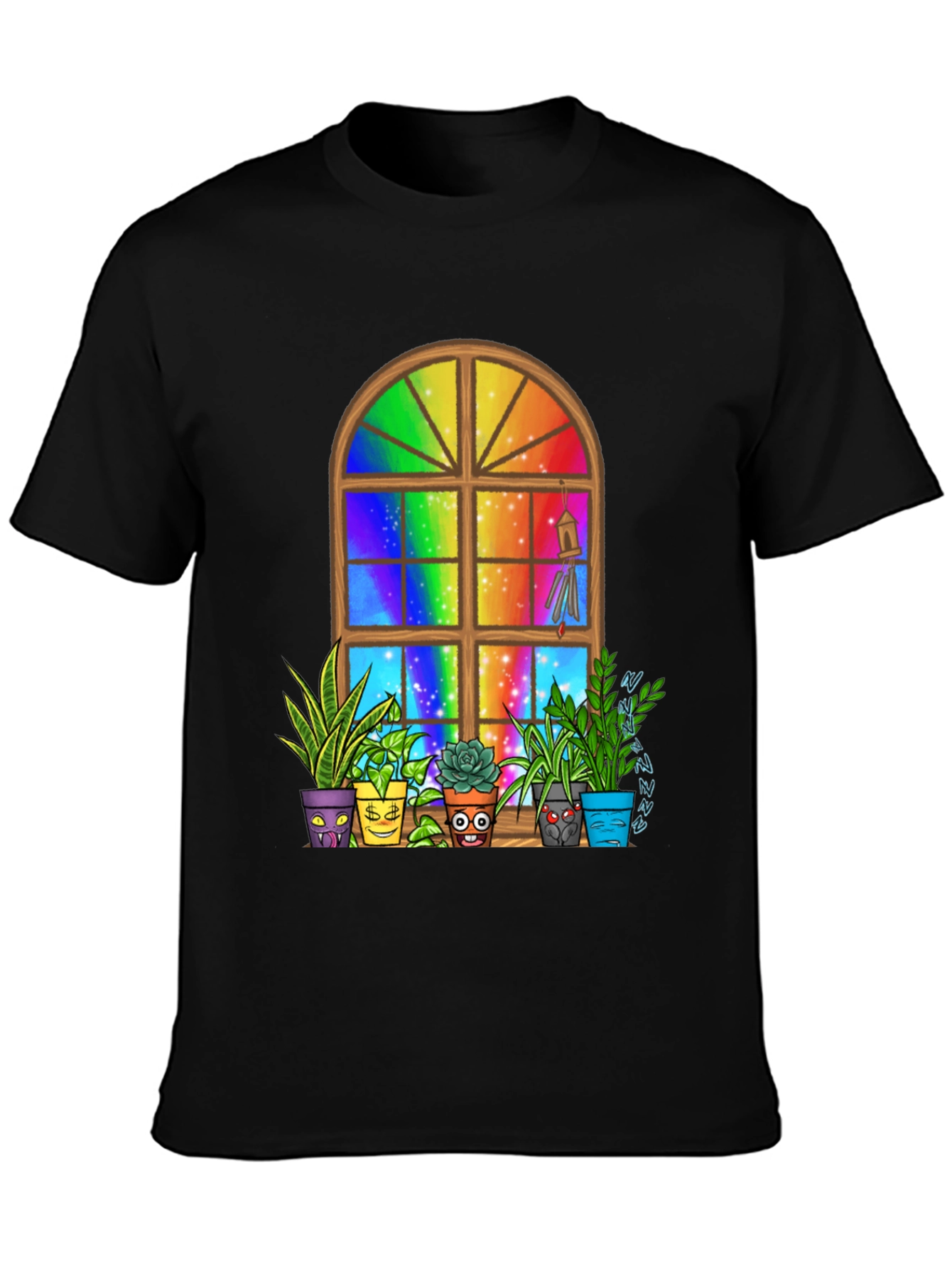 Black Rainbow Window Potted Plants Graphic Tee view 3