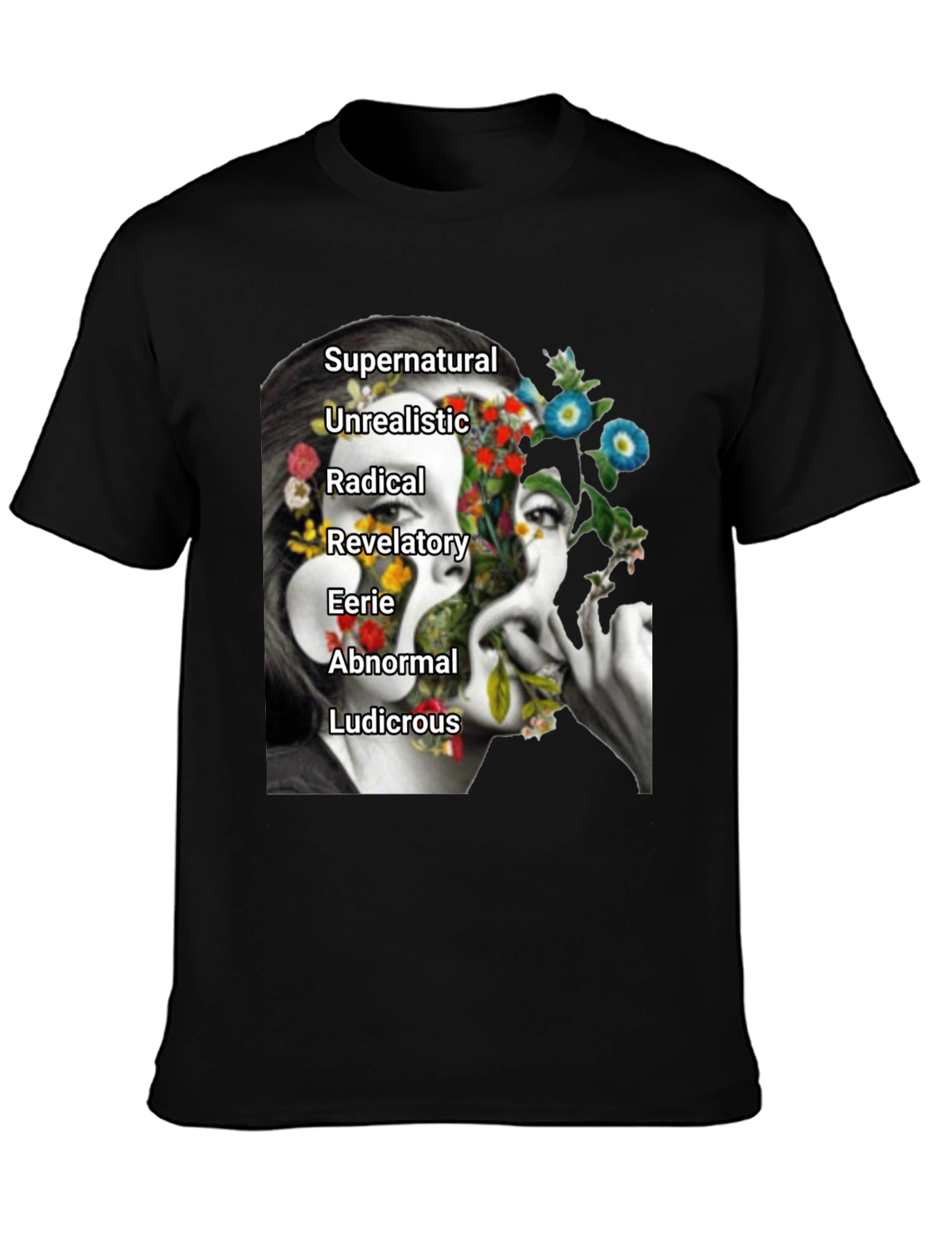 Black Surreal Floral Woman's Face Graphic Tee view 3