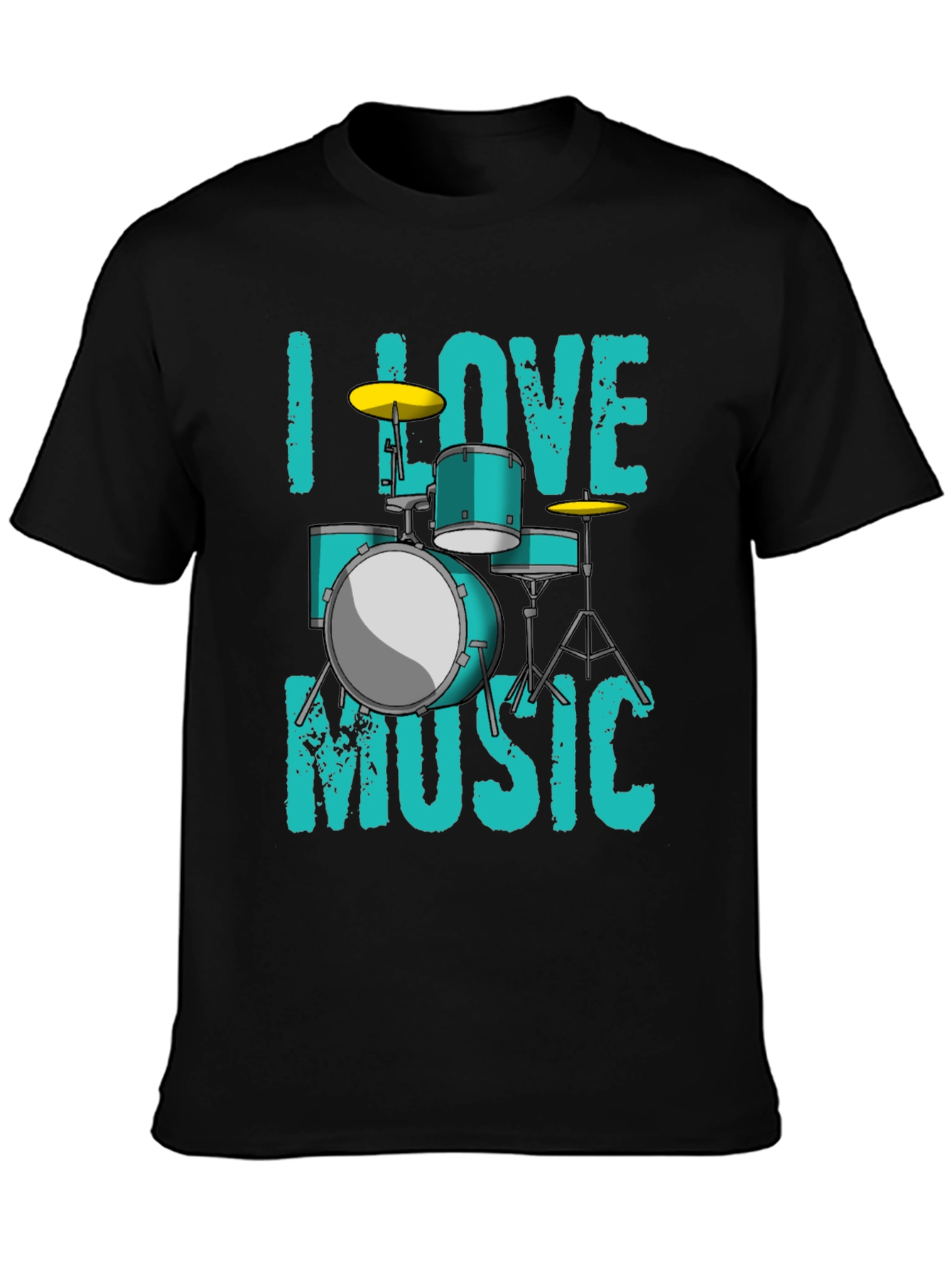 Black I Love Music Drum Set Graphic T-Shirt view 3