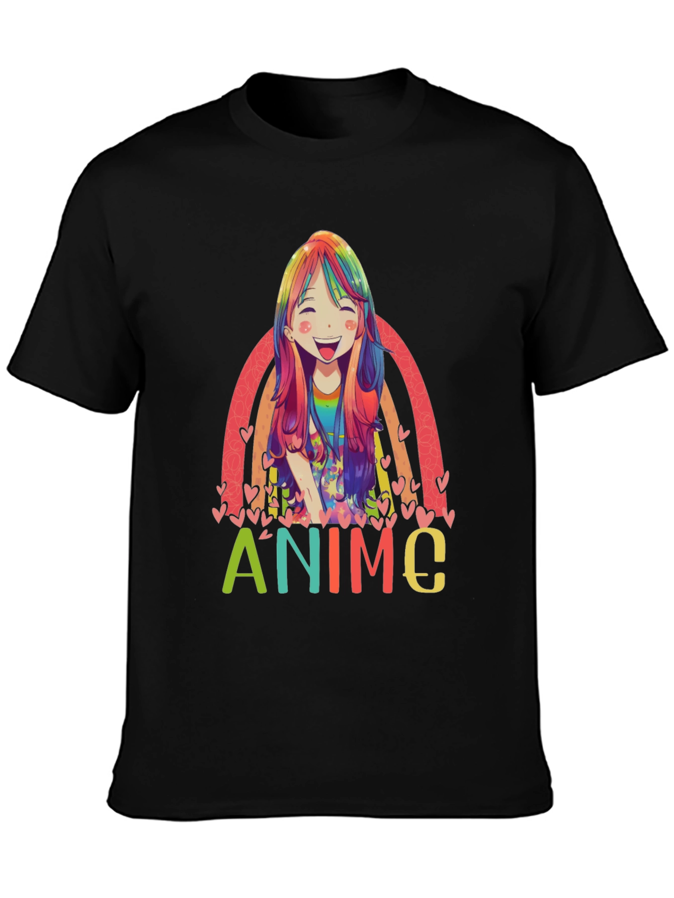 Black Anime Rainbow Graphic Tee - Colorful Manga Style view 3