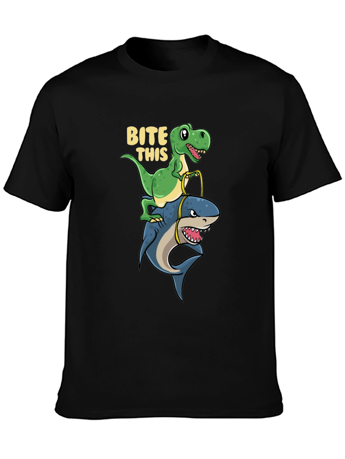 Black Dino Riding Shark T-Shirt - Bite This Funny Graphic Tee view 3