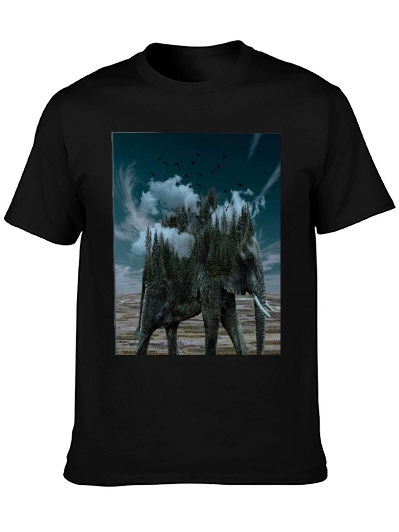 Black Surreal Elephant Forest Graphic Tee - Black view 3
