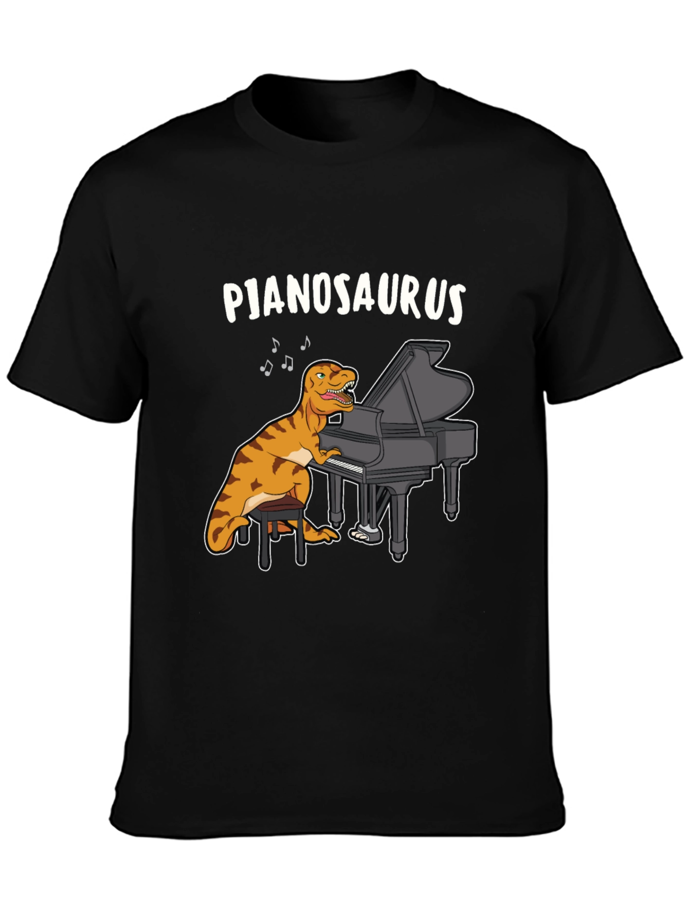 Black Pjanosaurus T-Shirt - Dinosaur Playing Piano Funny Tee view 3