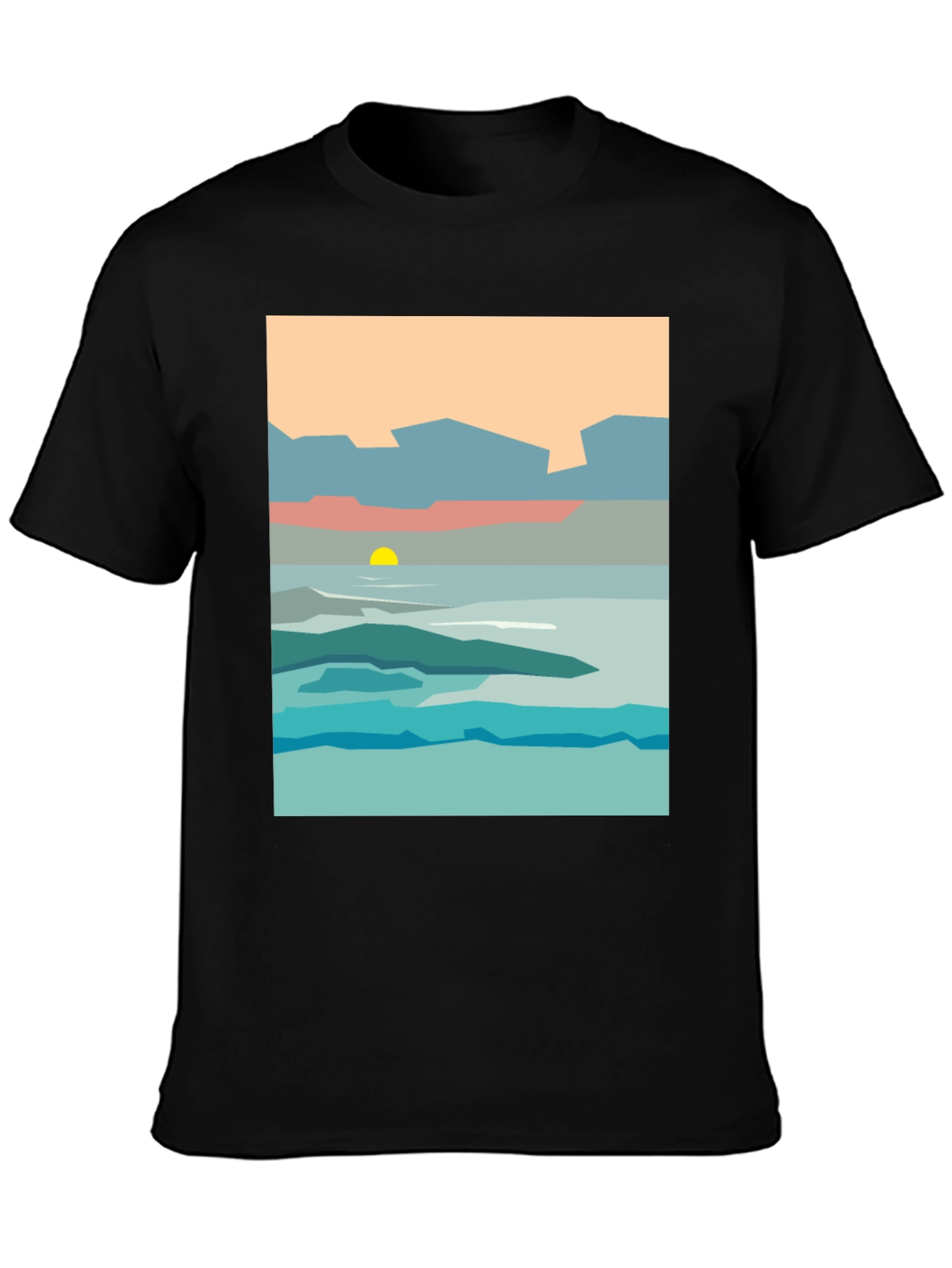 Black Abstract Landscape Graphic Tee - Black Cotton T-Shirt view 3