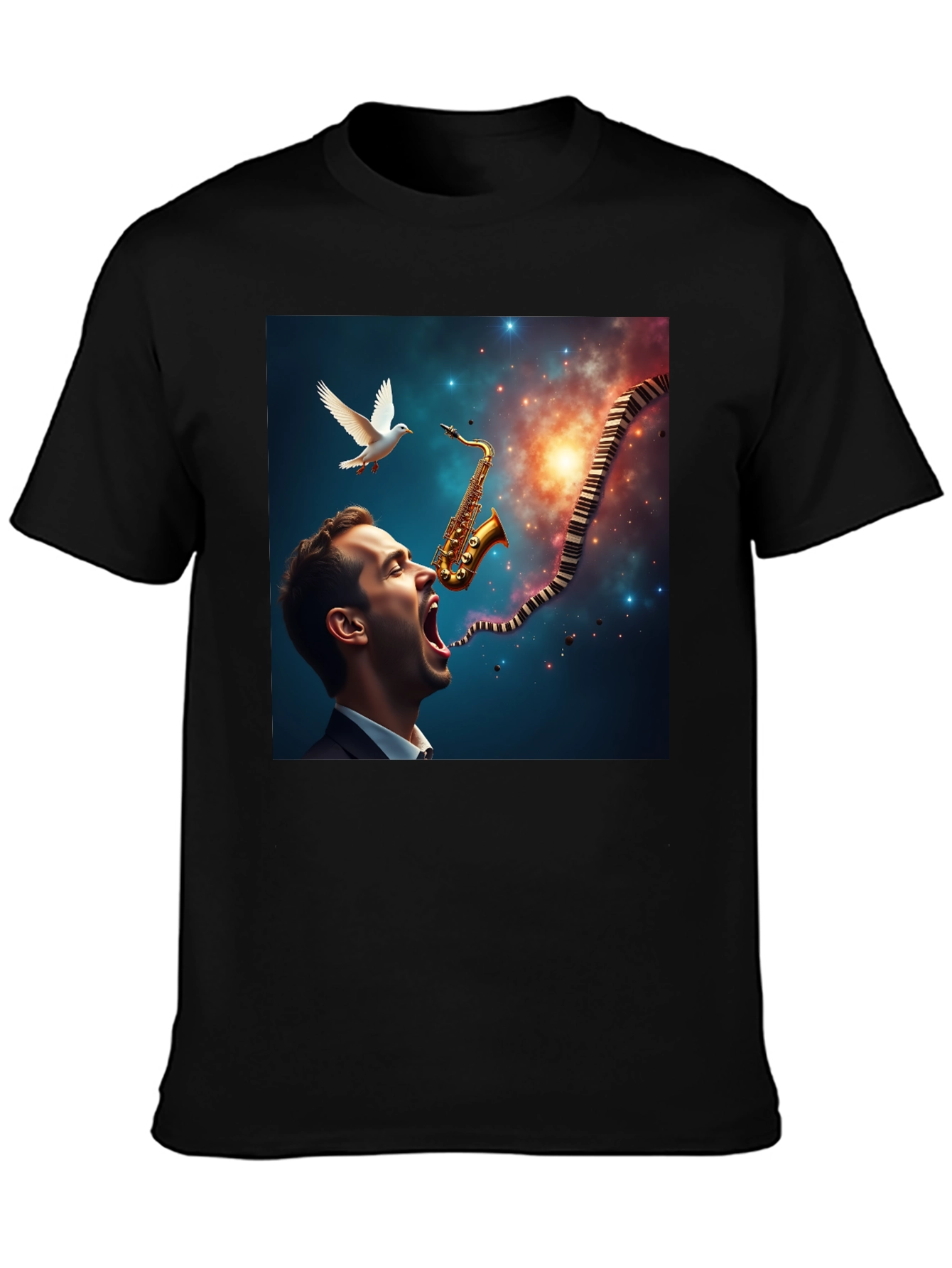 Black Jazz Harmony T-Shirt: Saxophone & Piano Keys Design view 3
