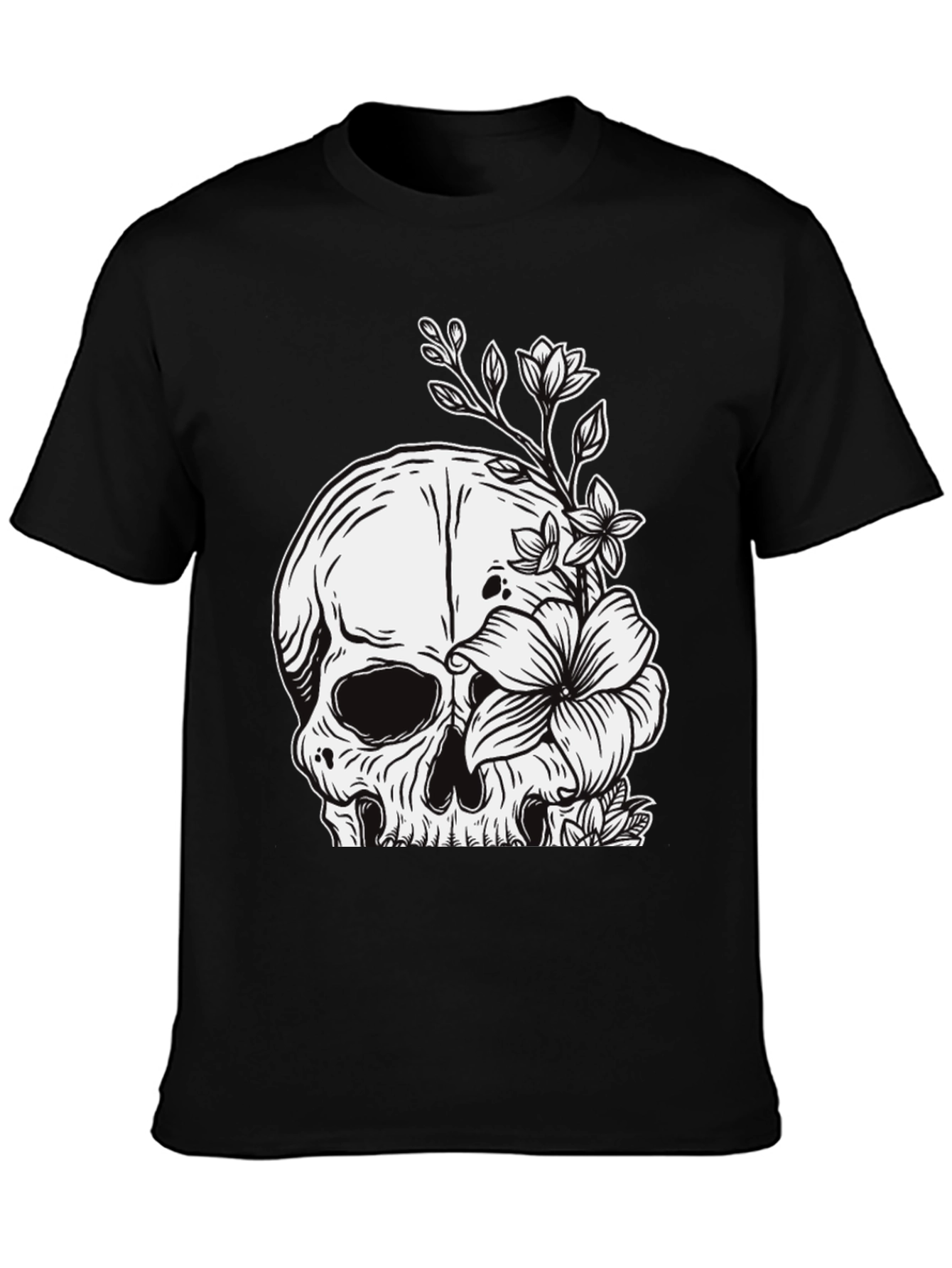 Black Skull & Flowers Graphic Tee - Black view 3