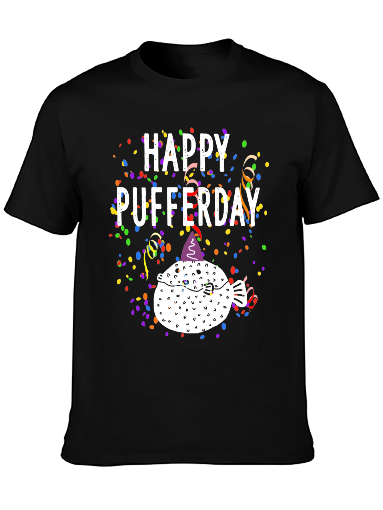 Black Happy Pufferday T-Shirt - Funny Pufferfish Birthday Tee view 3