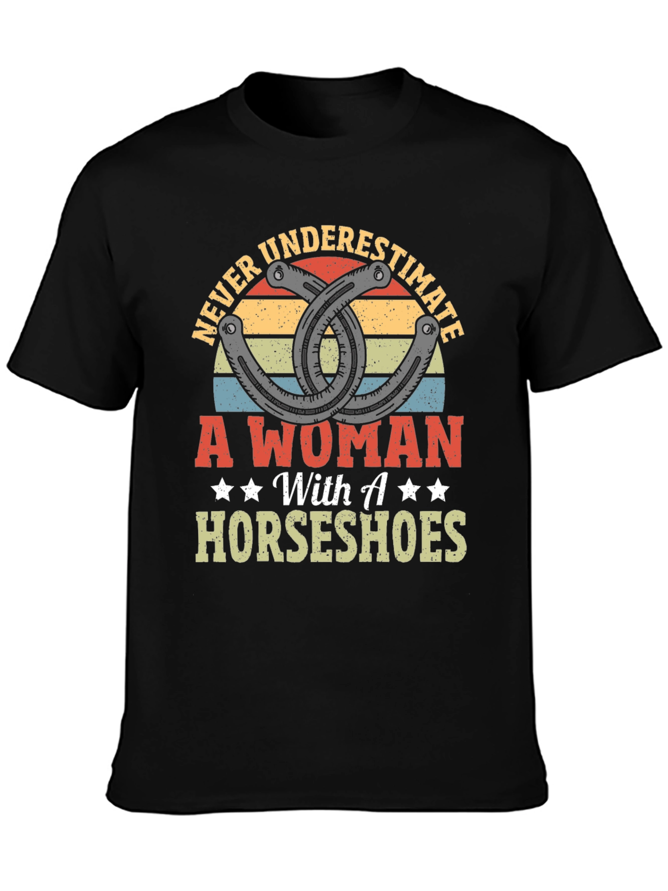 Black Never Underestimate A Woman with Horseshoes Graphic Tee view 3