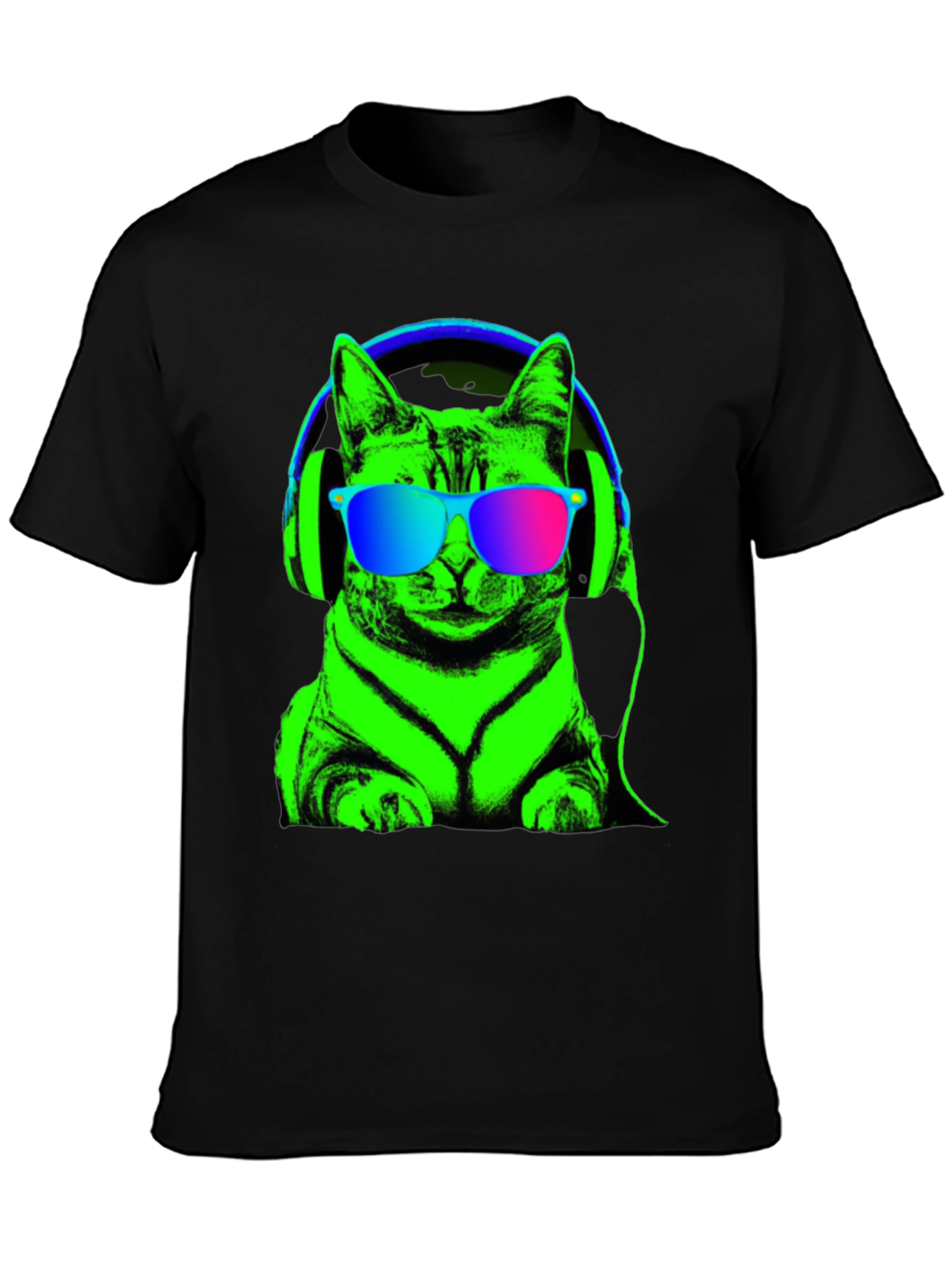 Black Cool Cat Tee: Neon Cat with Headphones T-Shirt view 3