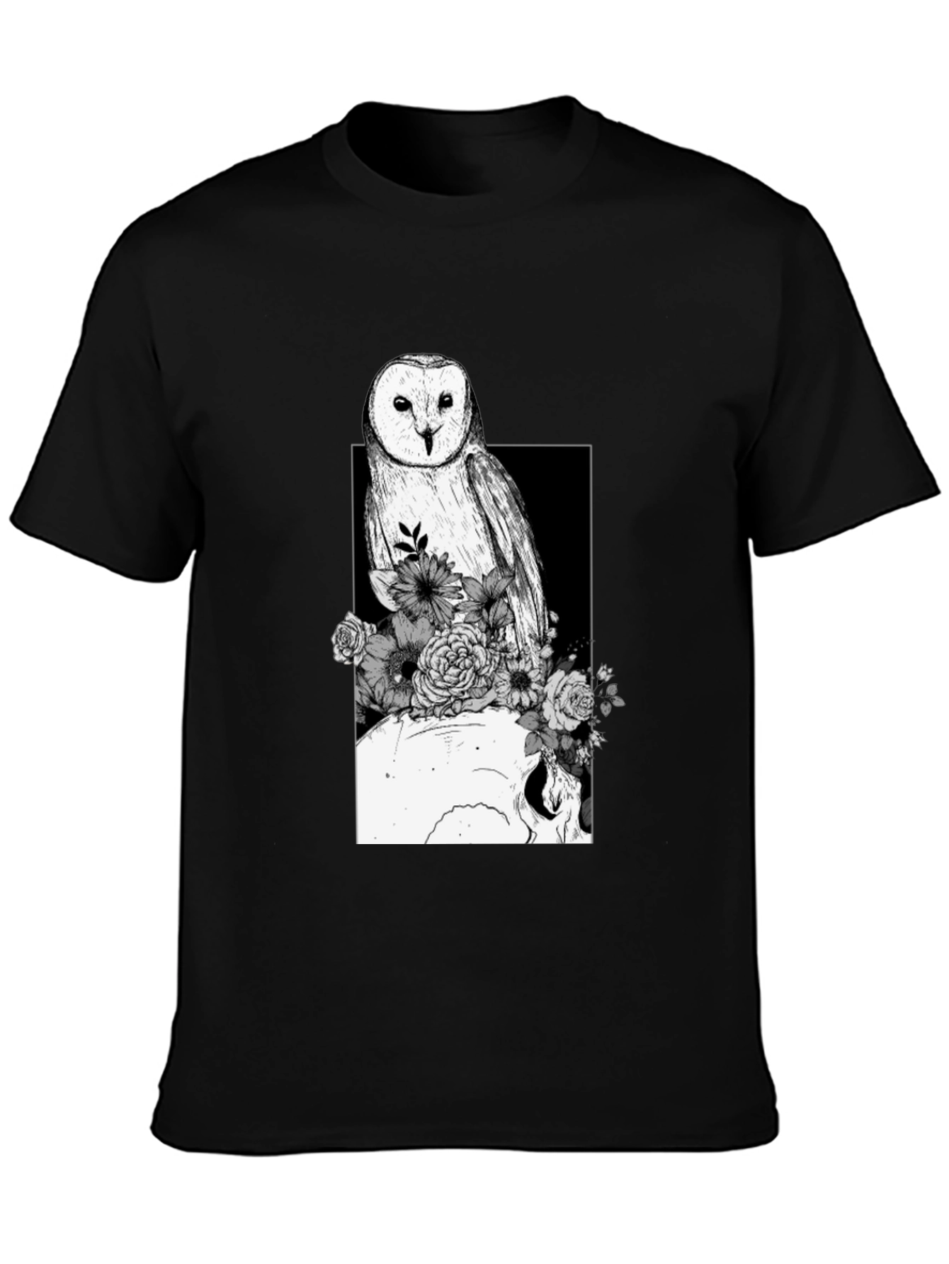 Black Owl Skull Floral Black Tee view 3