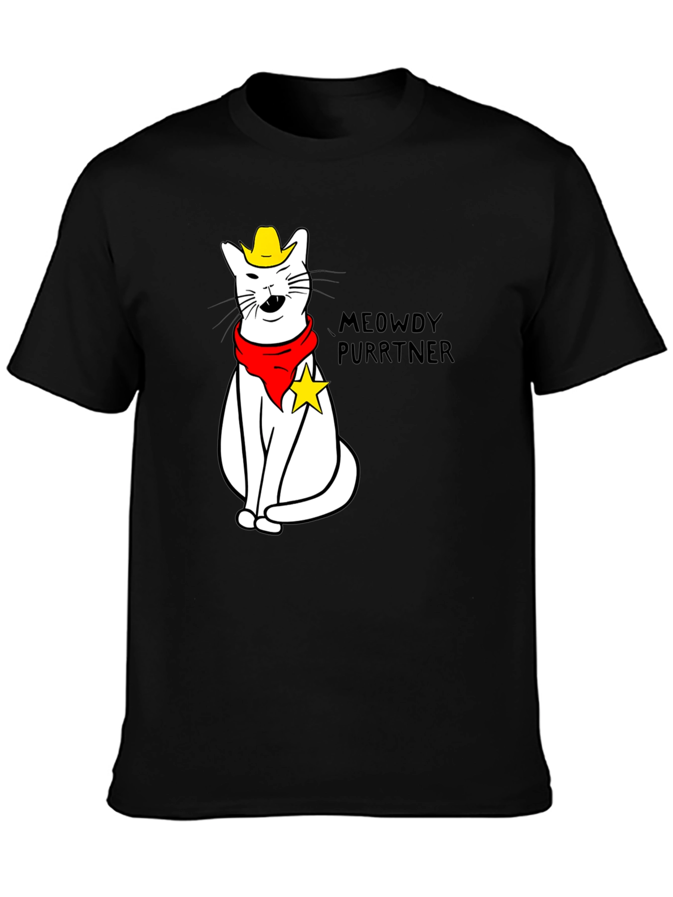 Black Meowdy Purrtner Cat Cowboy T-Shirt view 3