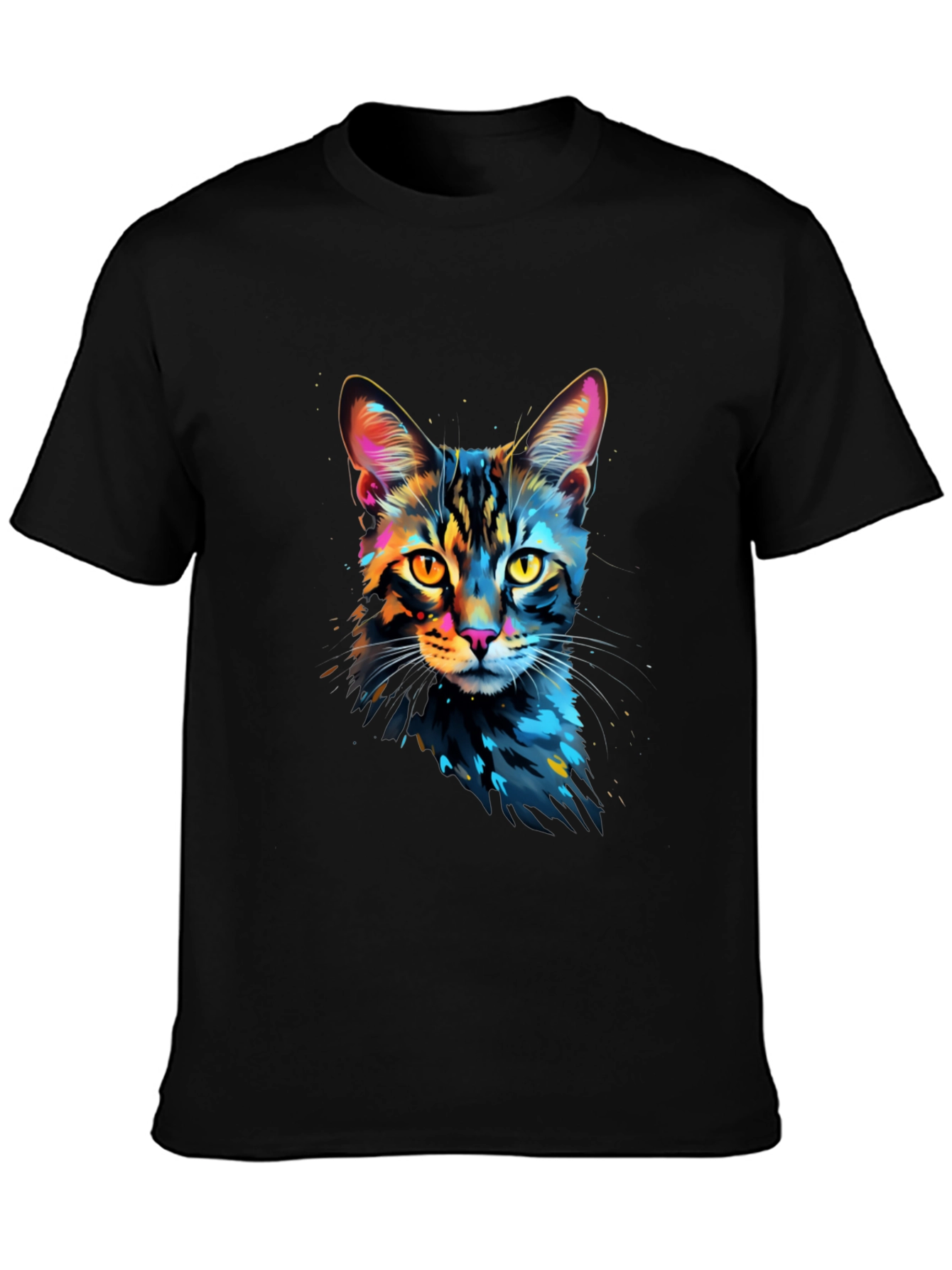 Black Colorful Cat Graphic Black T-Shirt view 3