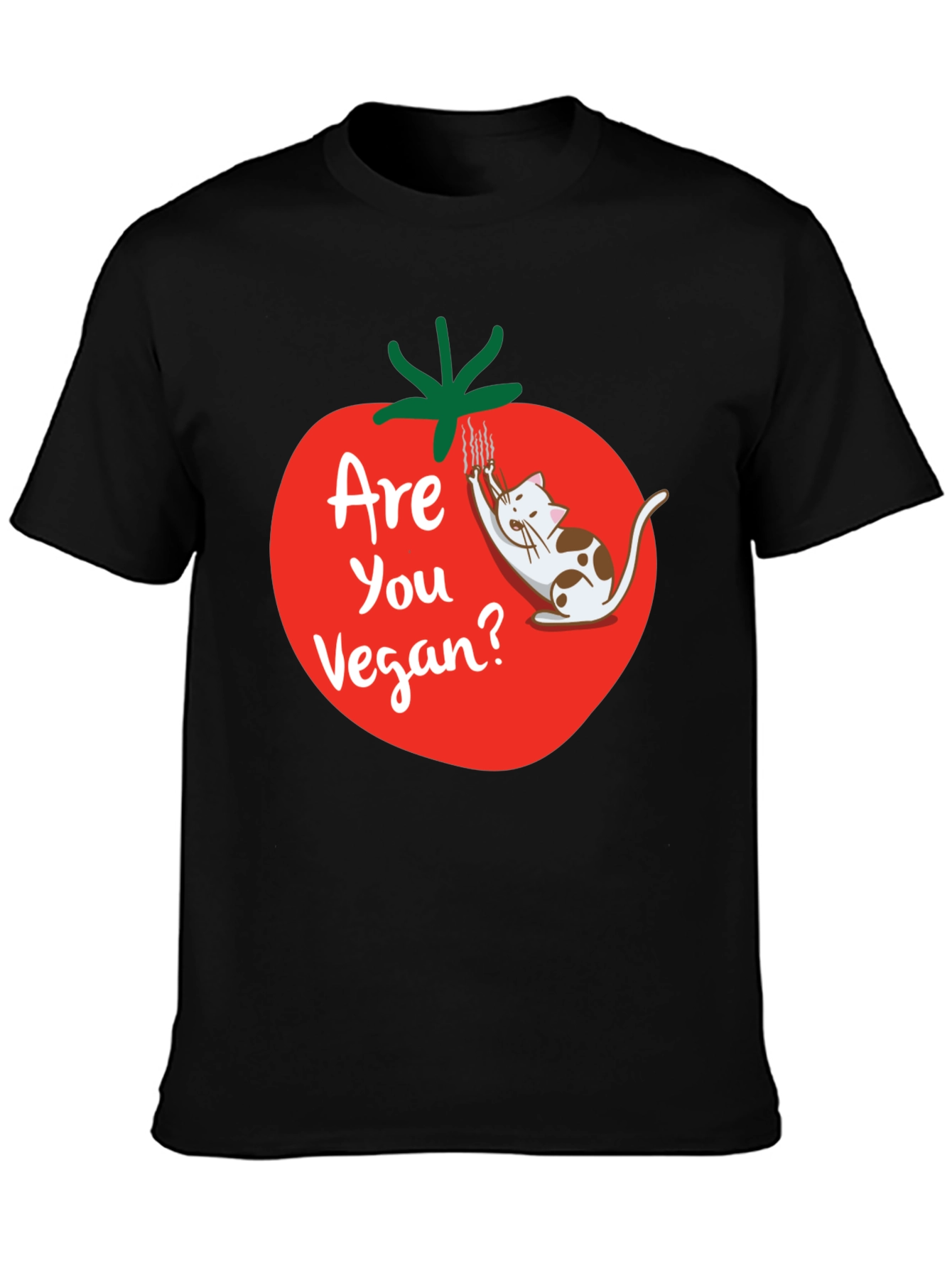Black Funny Vegan T-Shirt - Cat and Tomato Design view 3