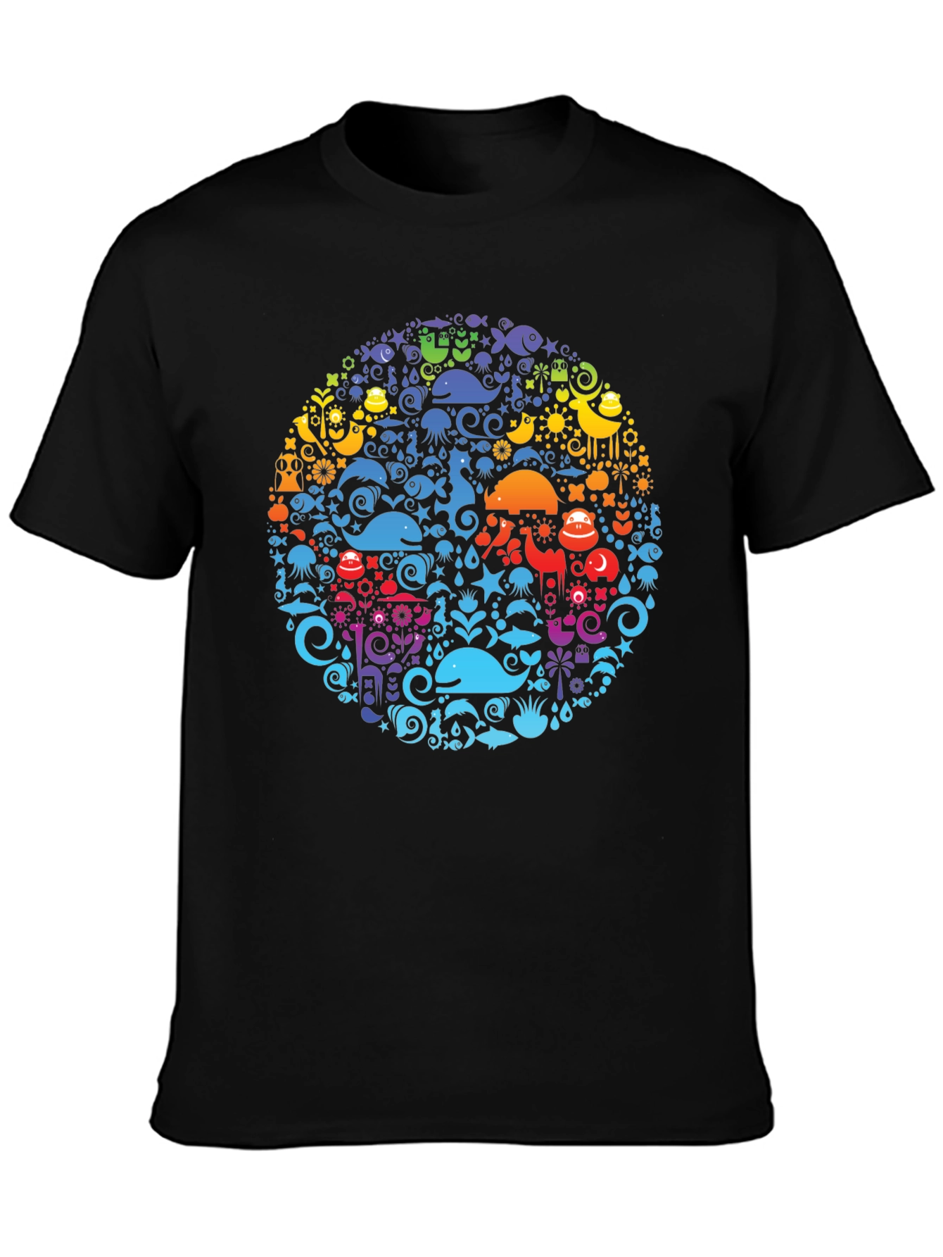Black Tee with Colorful Aquatic Circle Design - 3