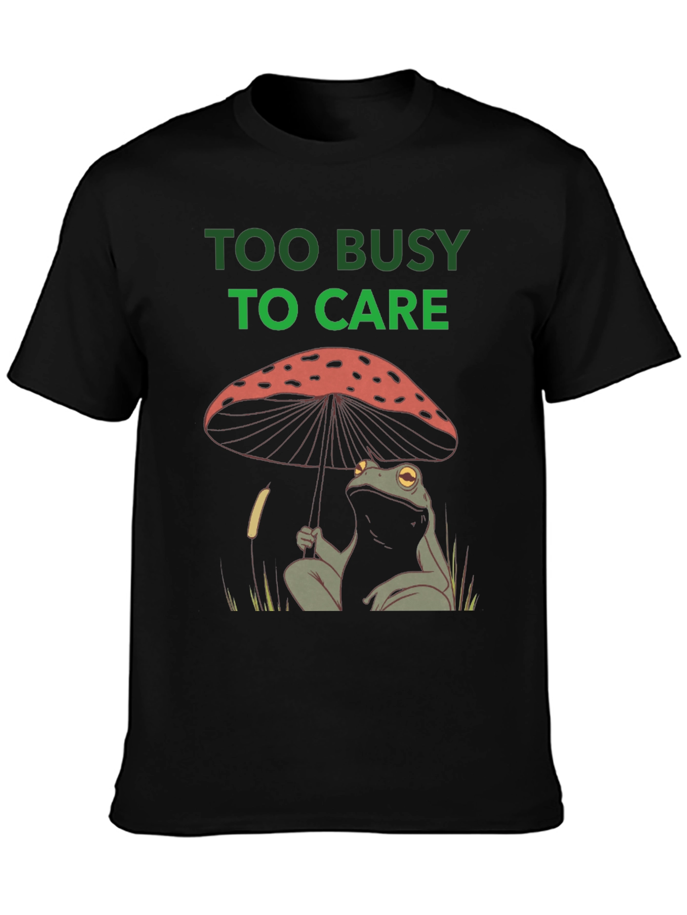 Black Too Busy to Care Frog Mushroom Graphic Tee view 3