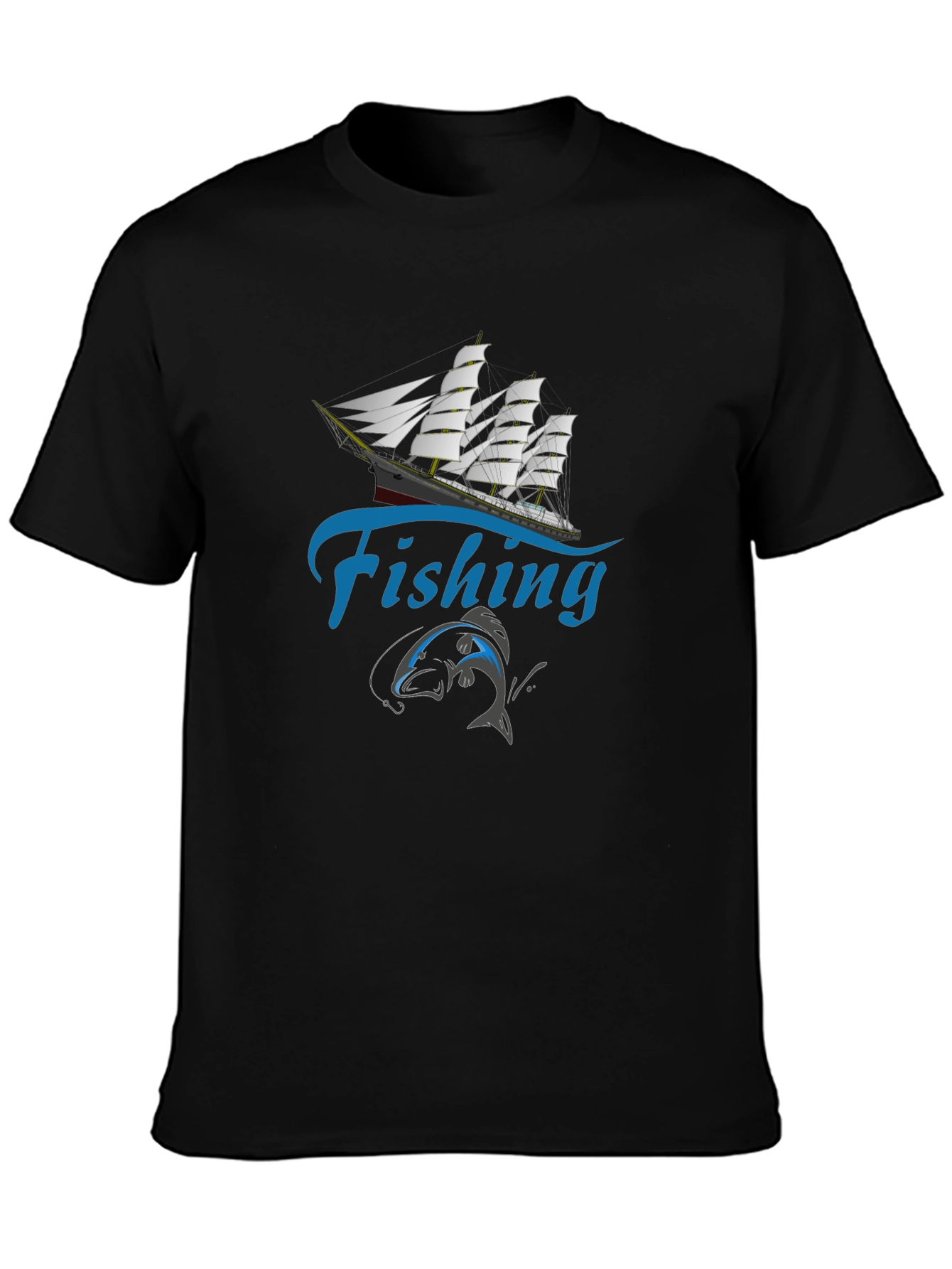Black Fishing T-Shirt - Sailboat & Fish Design view 3