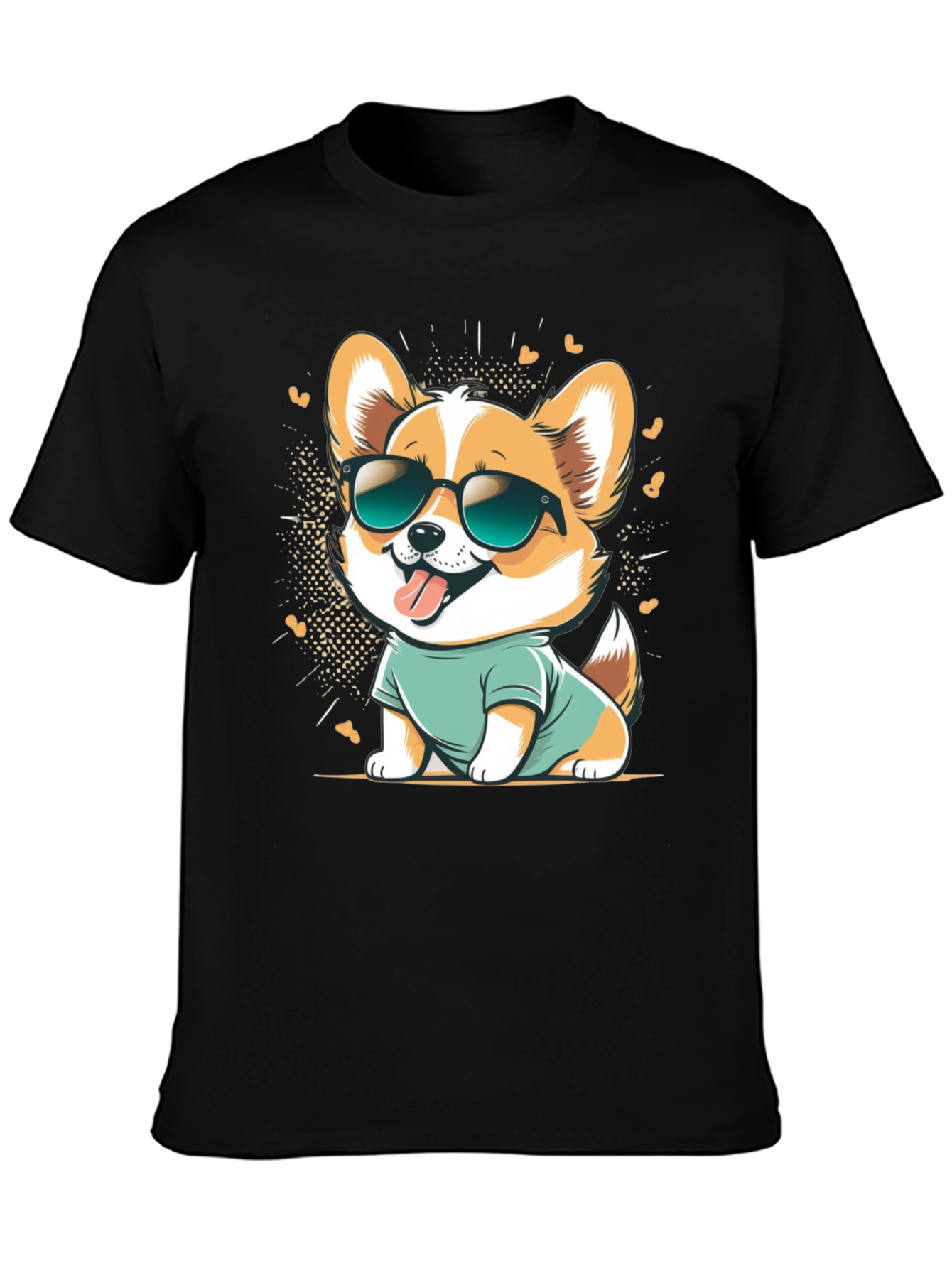 Black Cool Corgi Cartoon Graphic Tee - Black Cotton T-Shirt view 3
