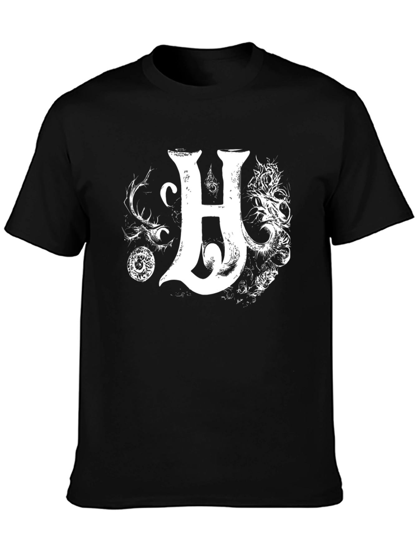 Black Men's Black T-Shirt with Intricate Letter H Design view 3