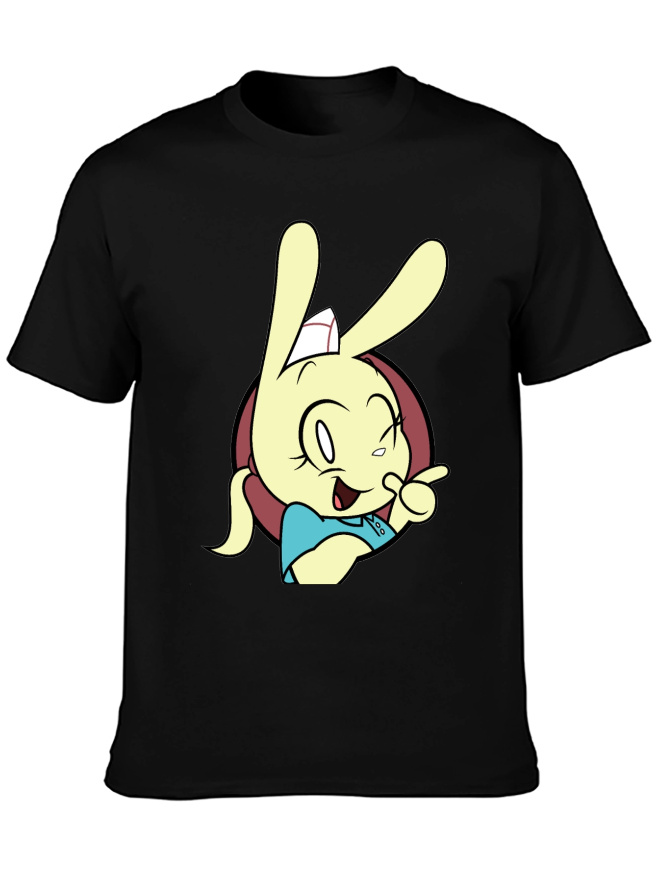 Black Cartoon Rabbit Graphic T-Shirt - Black view 3