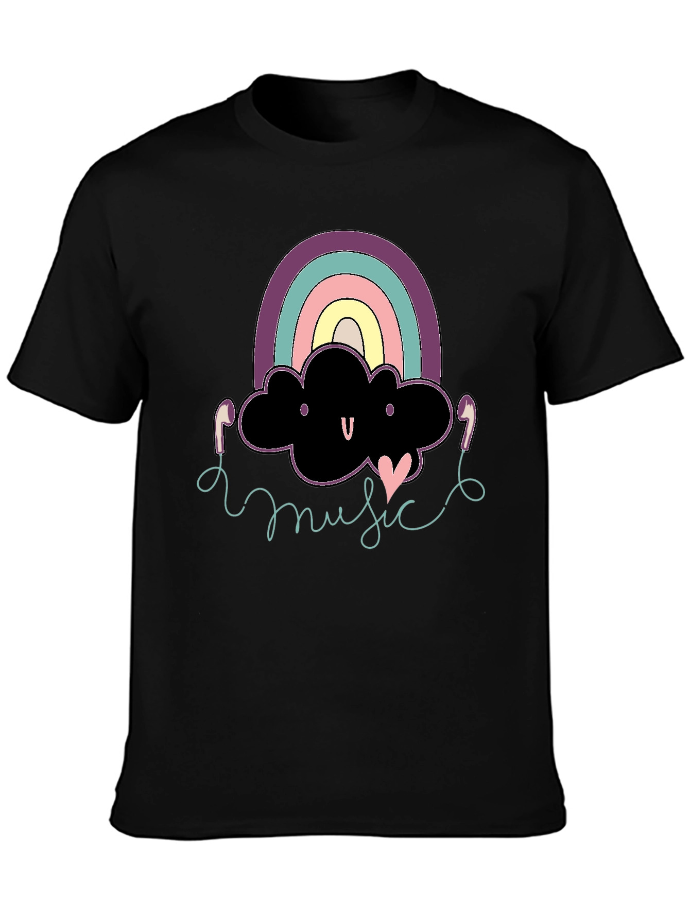 Black Rainbow Cloud Music T-Shirt Cute Design Black Cotton view 3