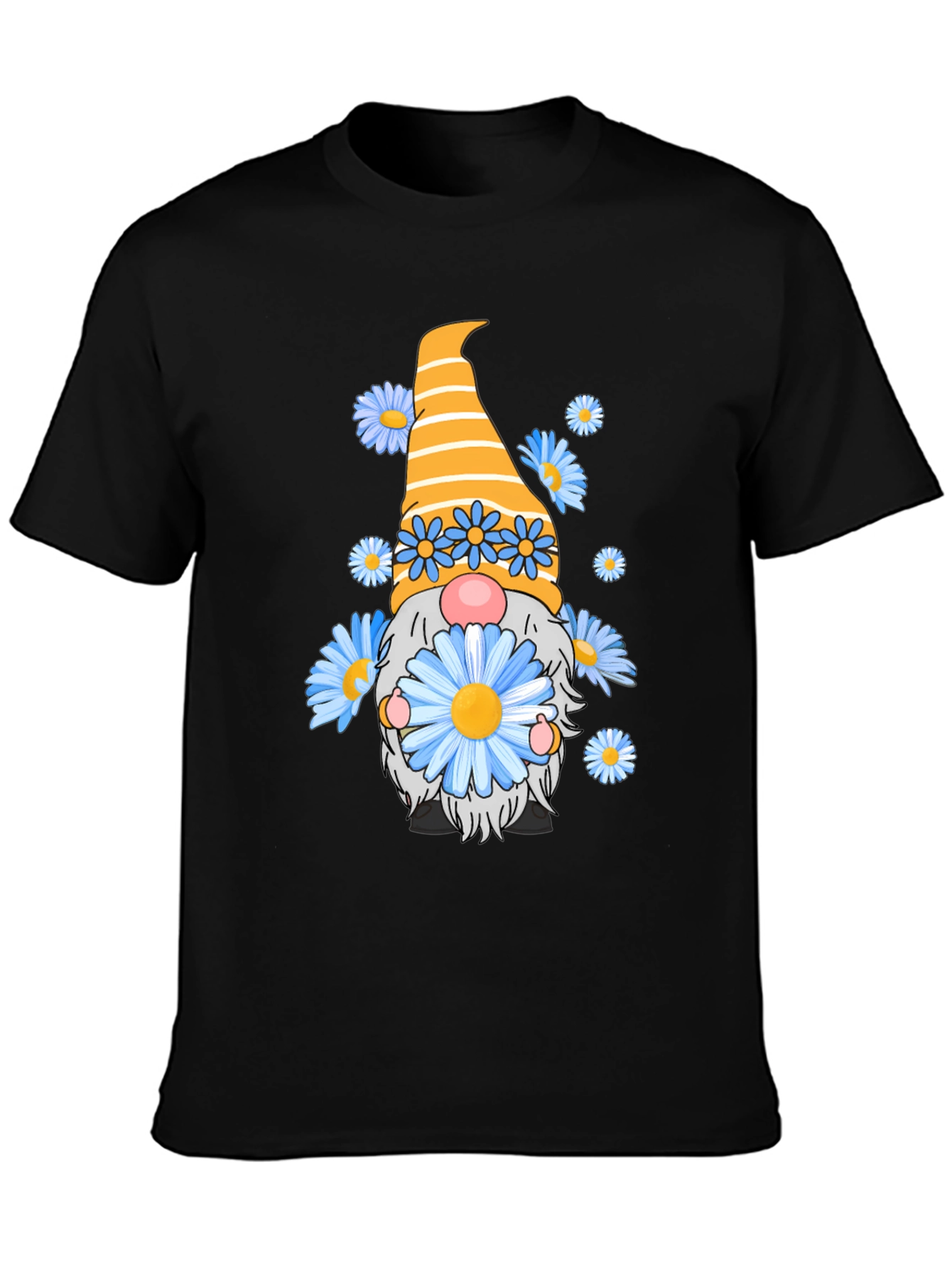 Black Gnome with Flowers Black T-Shirt view 3