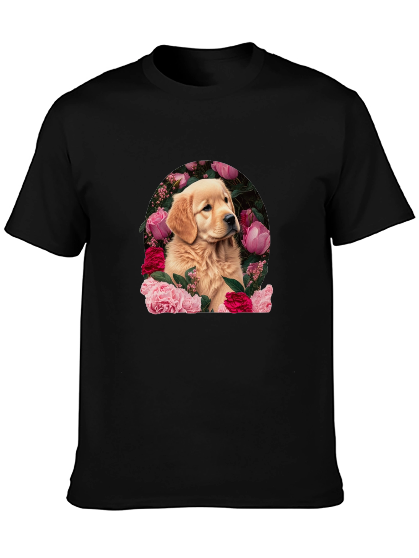 Black Golden Retriever & Floral Black T-Shirt view 3