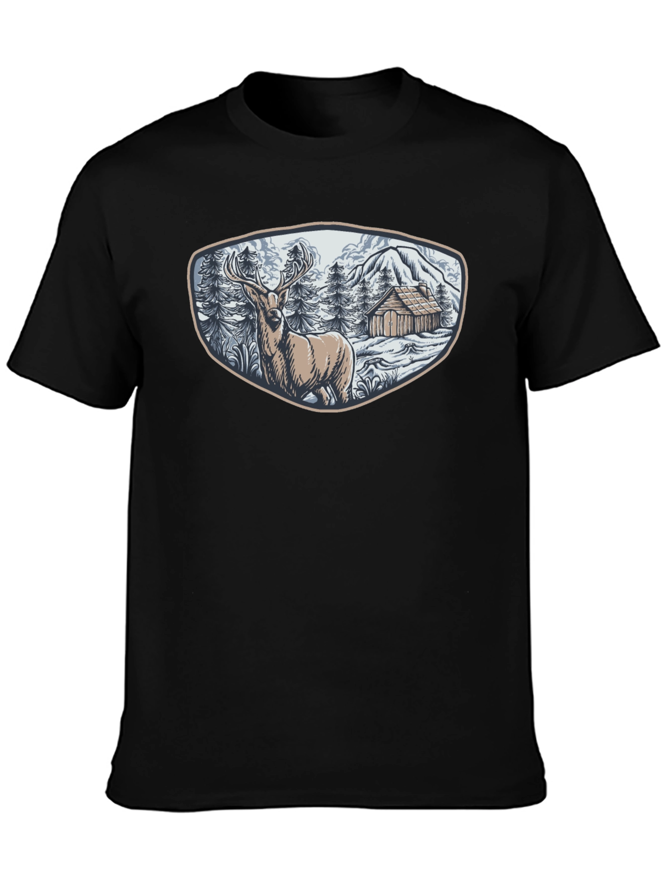Black Cabin & Deer Graphic Tee - Men's Black T-Shirt view 3