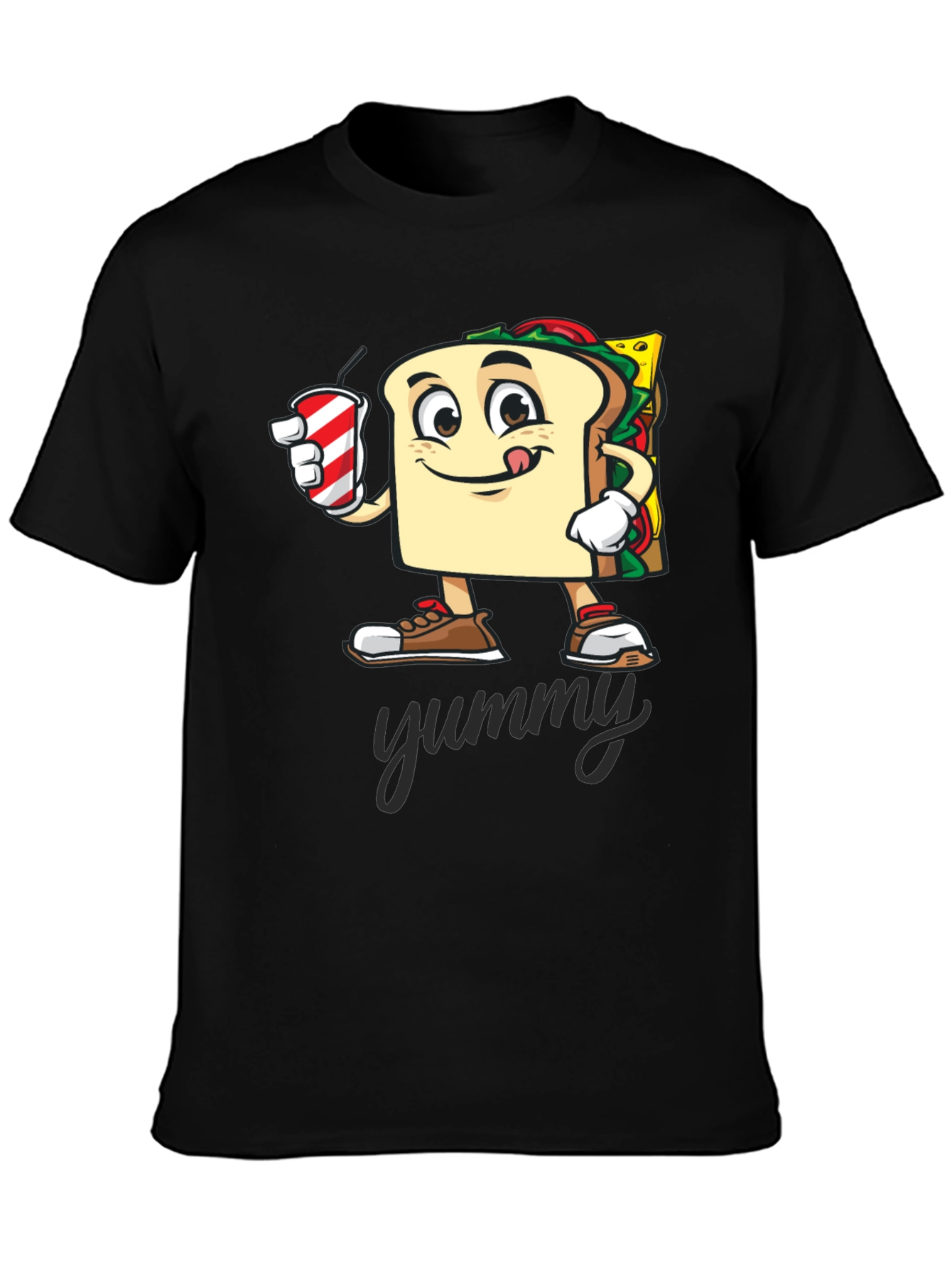 Black Sandwich Cartoon T-Shirt - "Yummy" Design view 3